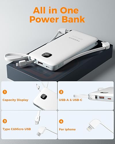 Miniatura 6 de Cargador portátil con cables integrados, cargador de batería TESSAN de 10000 mAh de carga rápida con cargador de pared plegable, batería compacta de