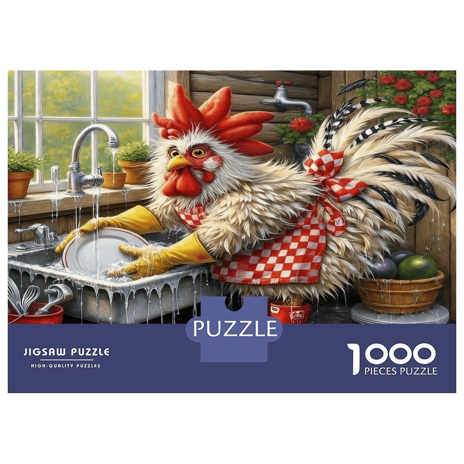 Rooster Washing Dishes 1000pc Premium Jigsaw Puzzle Whimsical Farm Puzzle for Adults Thick Cardboard Teen Puzzle Fans 12-18 Logic Skill After-School Party Game Best Gift for Puzzle Lovers 52x38cm/1000