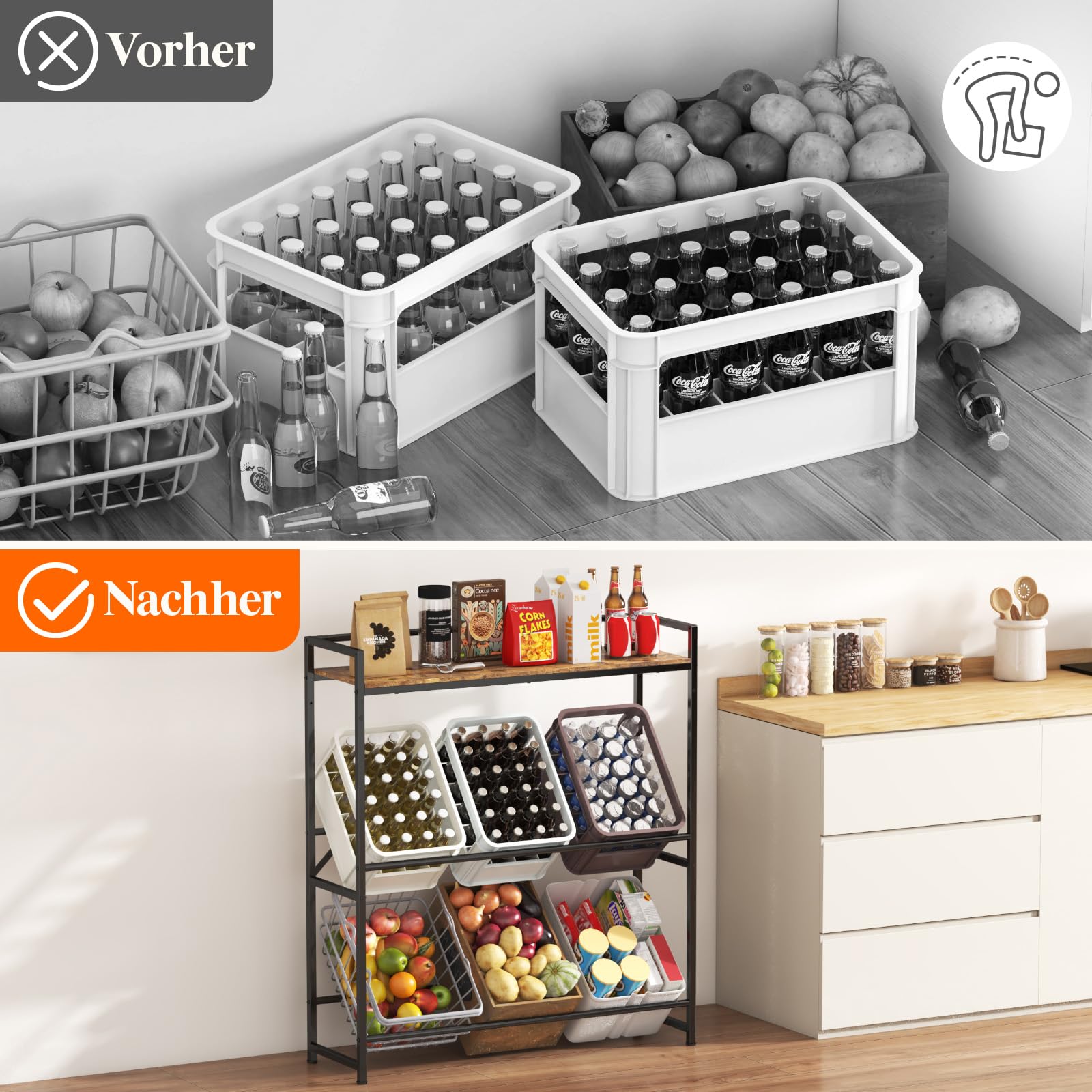 Lifewit Getränkekistenregal mit Ablage für 6 Kisten, Kistenregal Metall trag. 340 kg, 32D x 104W x 117,3H cm Freistehend Kistenständer Getränkeregal Wasserkistenregal Bierkistenregal, Rustikales Braun