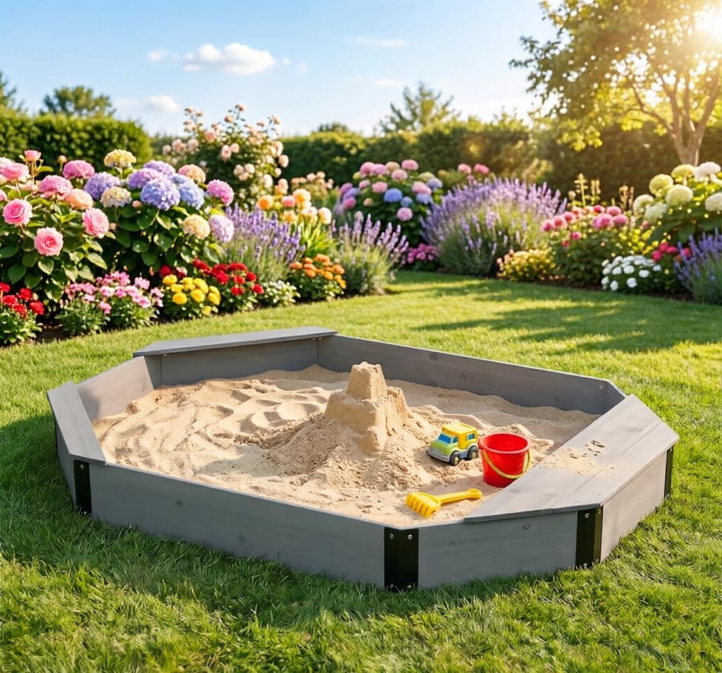 Octagon Sandbox with Storage & Cover - Solid Wood Sandpit with Liner, Weather-Resistant Outdoor Play Area with Bench Seats for Backyard, Patio & Garden (Grey)