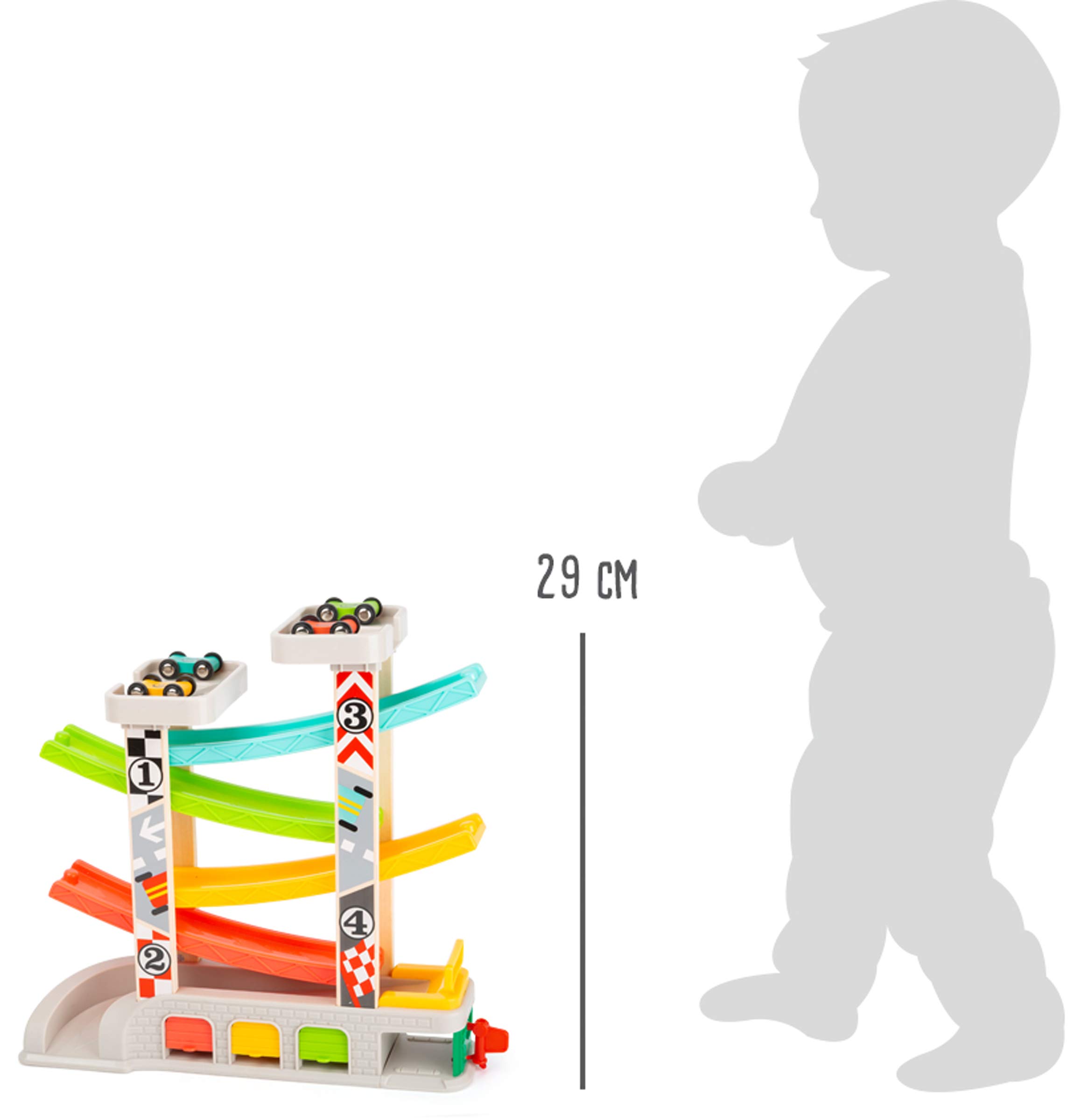 Small Foot 11361 Tor wyścigowy z parkingiem i garażami, zestaw do zabawy z 4 poziomami, czterema samochodami i stacją benzynową, dla dzieci w wieku 3 lat i więcej, wielokolorowy