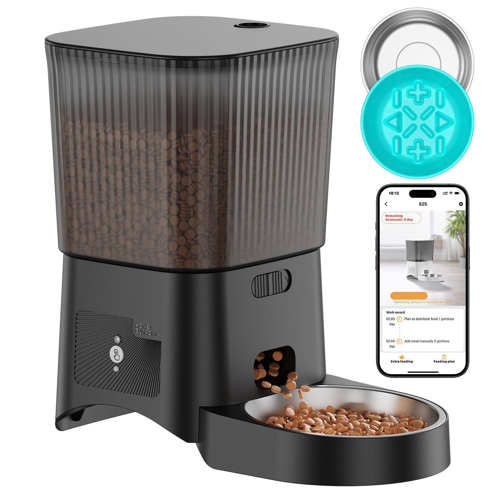 HoneyGuaridan Automatic Cat Feeder, 5G WiFi Cat Food Dispenser with App Control, Timed Feeder with Stainless Steel Bowl and Slow Bowl, Desiccant Bag