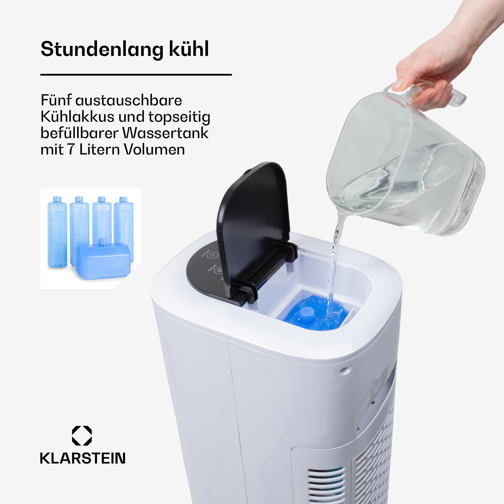 Klarstein Polar Tower Smart Ventilator Mit Wasserkühlung – 4-in-1 Luftkühler, Luftbefeuchter & Reiniger, 7L Tank, WiFi & App Steuerung, 3.306 m³/h Luftdurchsatz, Timer, Mobil, Weiß