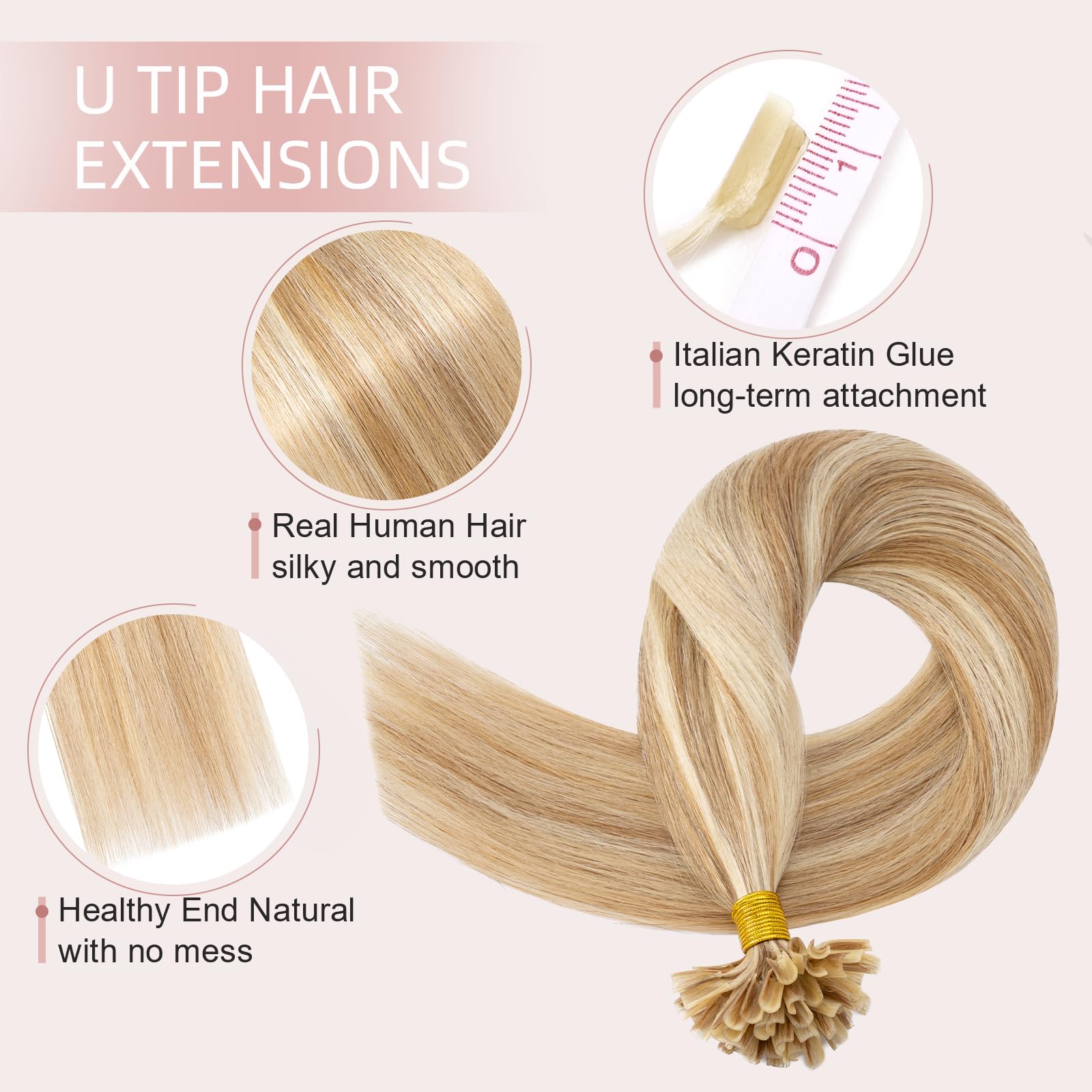 Silk-co U Tip Pre Bonded Hair Extensions Strands Keratin Nail Tip Straight Human Hair Extensions U tip Real Remy Hair 100 Strands Keratin Nail Til 22"-100g #12P613 Golden Brown&Bleach Blonde - Image 3