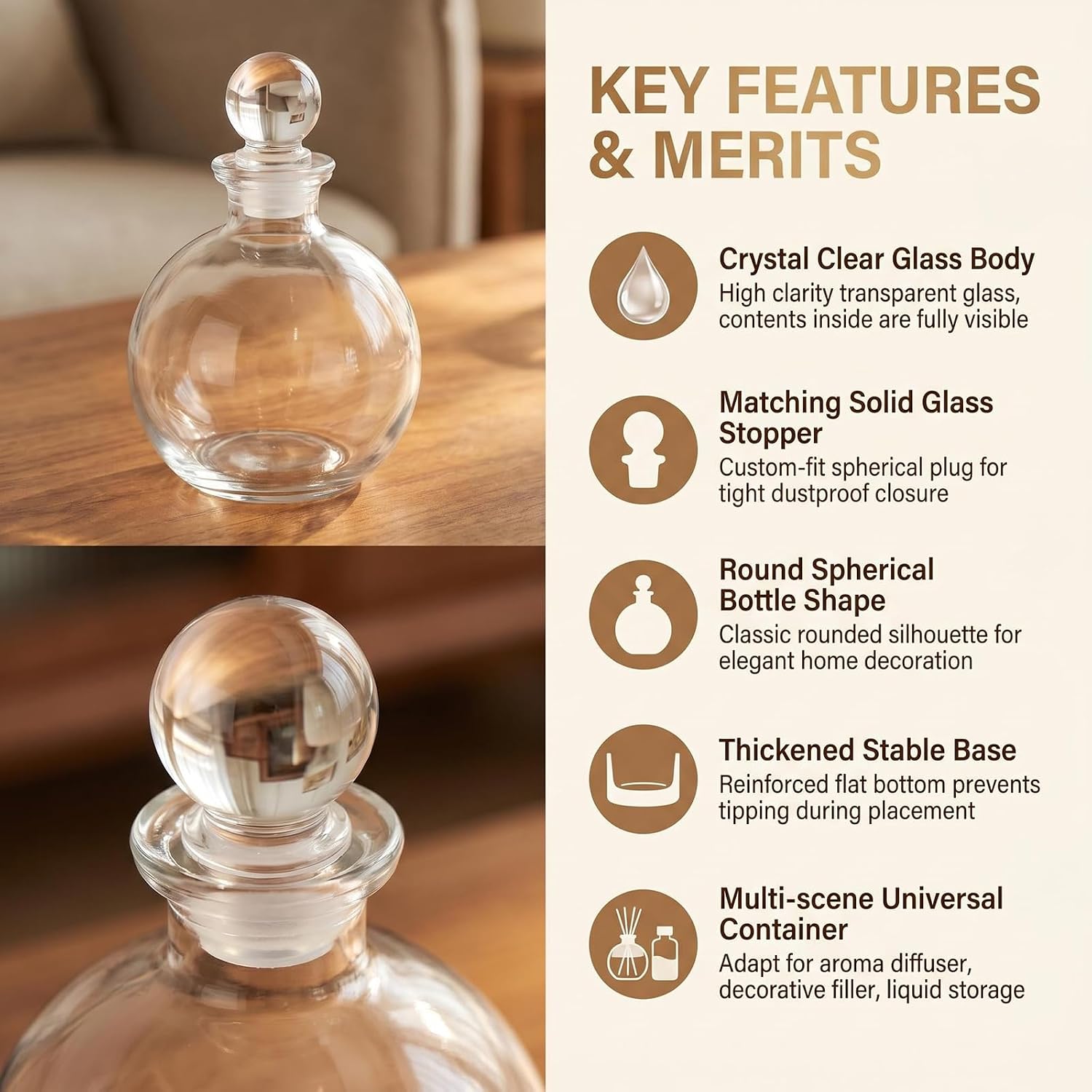 8.5oz Spherical Clear Glass Bottle with Glass Ball Stopper