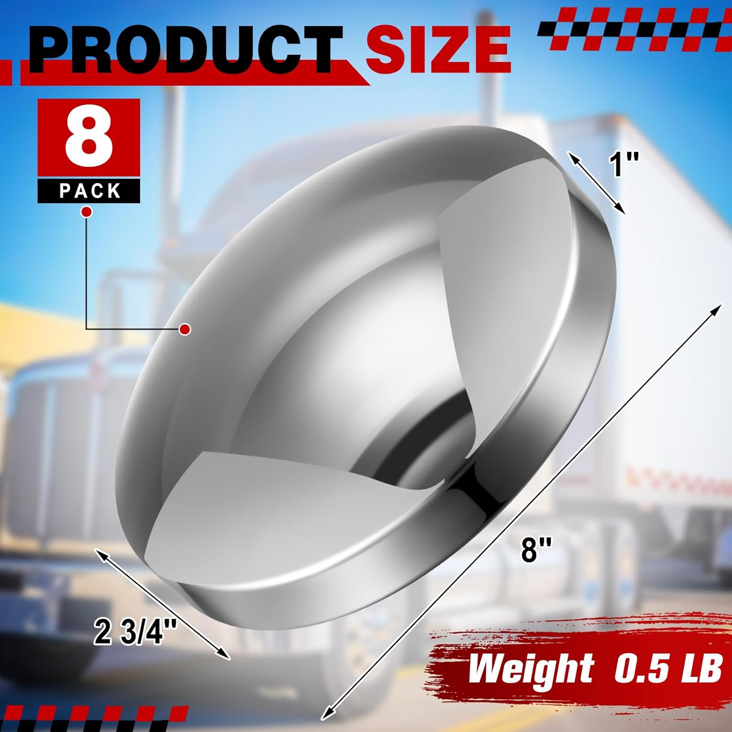 8 Pcs Chrome 8 Inch Dome Hub Caps Compatible with Semi Truck, Baby Moon Hubcaps Chrome Plated Steel Semi Truck Hub Covers Rear Axle Wheel Covers, Set of 8