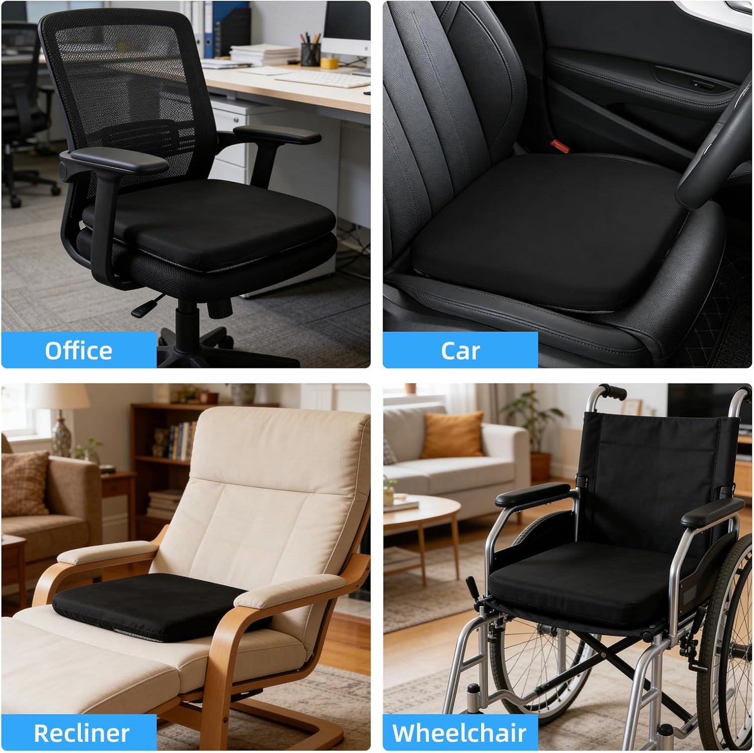 SheRest Office Chair Cushion with Straps, Memory Foam Seat Cushion with Removable Cover, Suitable for Office Chairs, Car Seats, and Airplane Seats, Black, X-Large