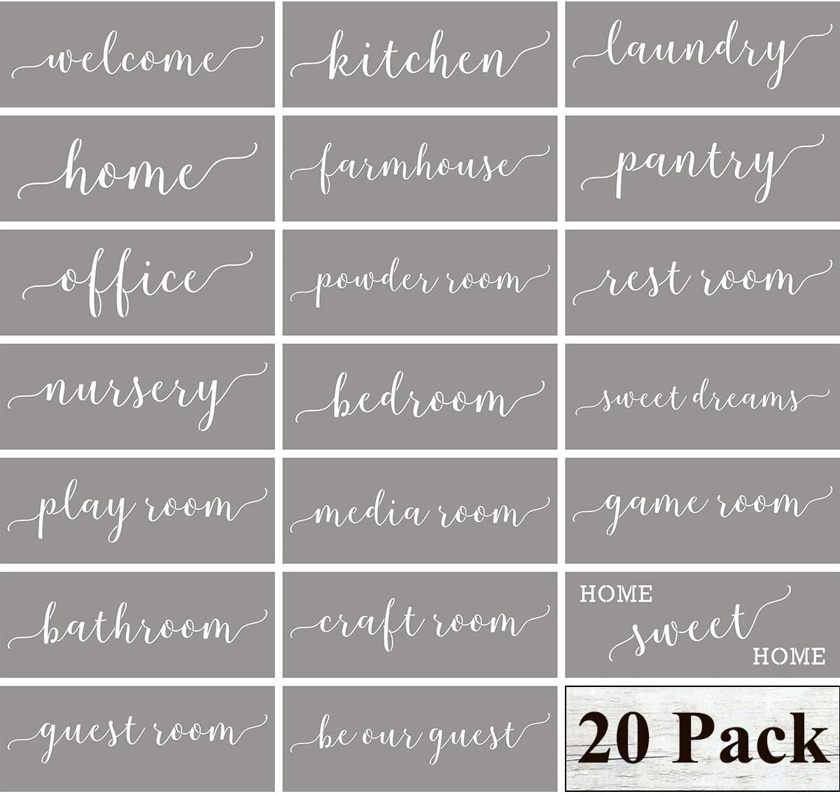 Farmhouse Sign Stencils for Painting on Wood - 20 Pack Large Farmhouse Stencil Templates, Welcome Kitchen Laundry Pantry Nursery Office and More, Reusable Letter Stencils for Home Room Wall Door Signs