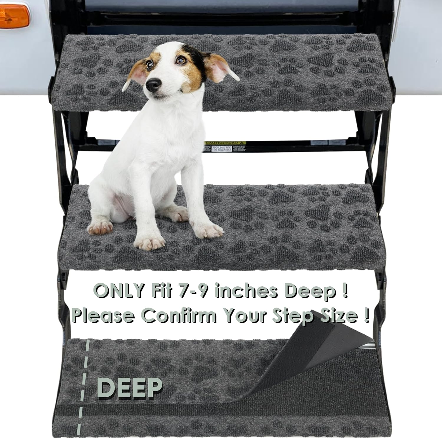 RUNROLE No Spring Wrap Around RV Step Cover, Fits 7-9" Deep, 23" Wide, One-Piece Easy Install, Tool-Free Camper Step Carpet Non Slip RV Stair Rugs- 3 Pack, Embossed Paws Pattern