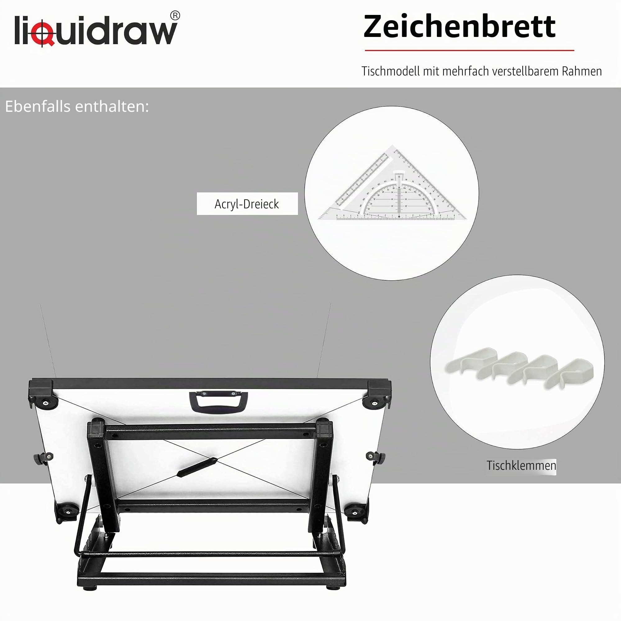 Liquidraw TTM02 Parallel Motion Zeichenbrett, A2, mit 5 verstellbaren Arbeitswinkeln, Clips und quadratischem Quadrat, Weiß