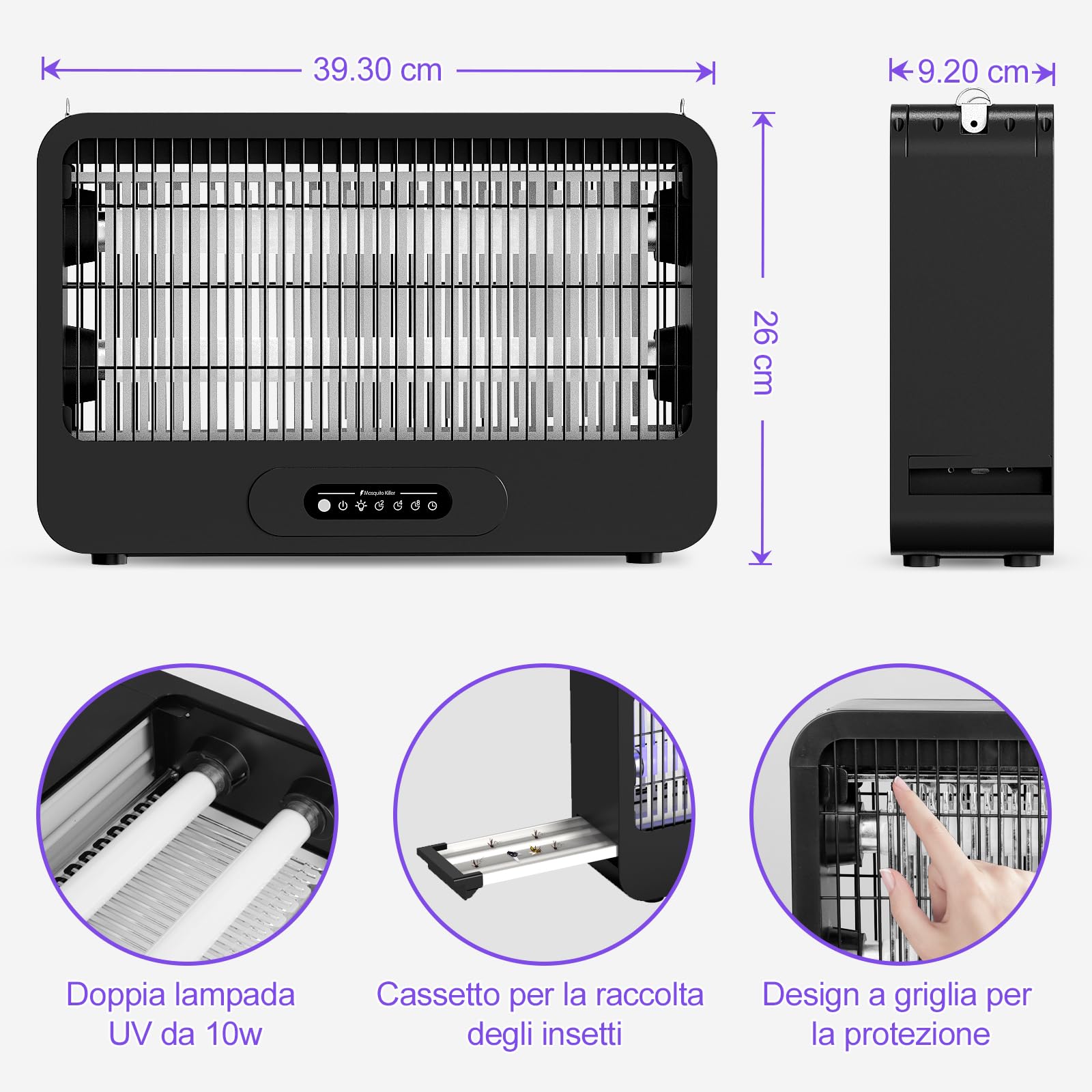 Lampada Antizanzare, Doppio Lato 4000V Zanzariera Elettrica, 20W UV Lampada Zanzare con Telecomando, 2 Lampadine di Riserva, Area Effettiva 100m², Adatta Cucina, Camera Letto,Ufficio（Nero）