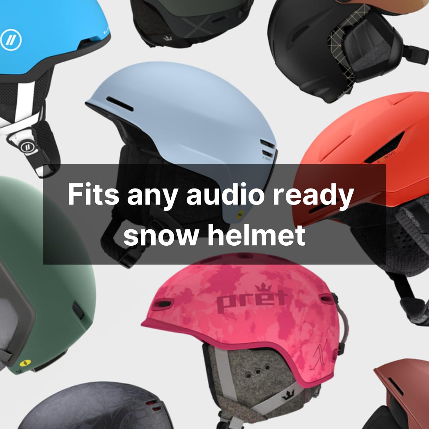Various ski and snowboard helmets compatible with Aleck 006 speakers.