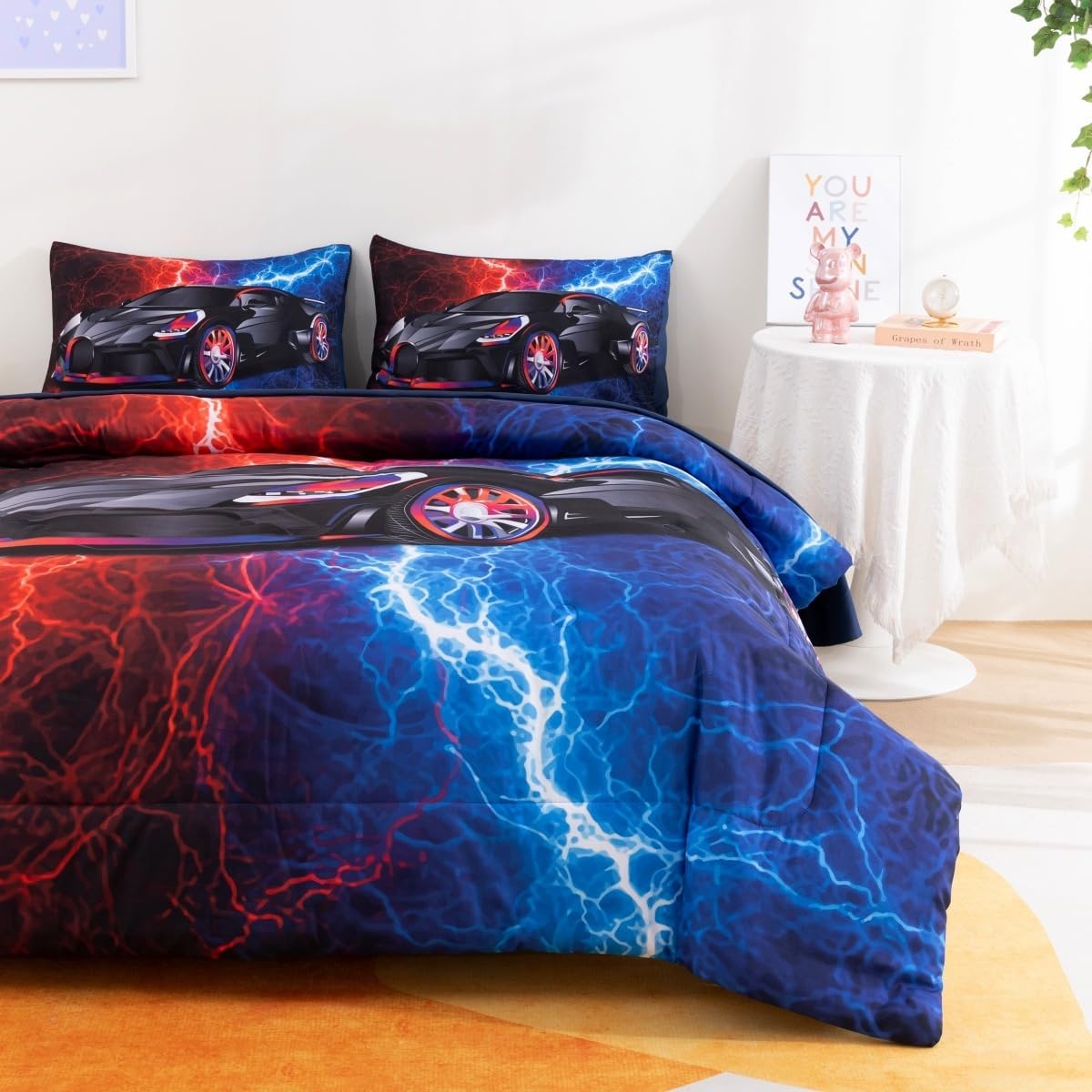 Podol 5 Pieces Race Car Comforter Set Full Size Red and Blue Sports Car Bedding Sets for Boy Tie Dye Lightnings Bed in a Bag with 1 Comforter, 2 Pillowcases, 1 Flat Sheet and 1 Fitted Sheet - Image 7