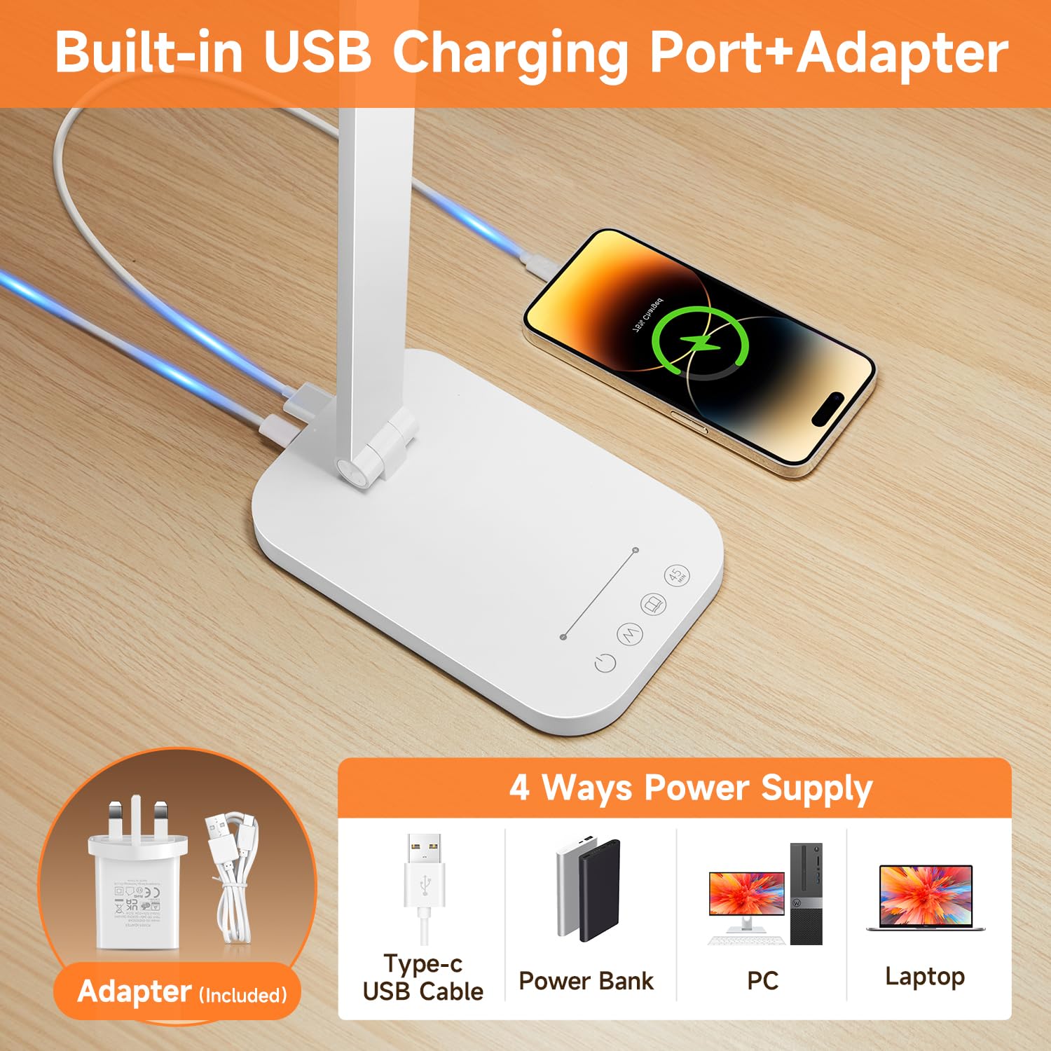 One Fire Lampe de bureau LED avec adaptateur, port de charge USB, 10 niveaux de luminosité, 5 couleurs – Lampe de bureau réglable pour bureau, chambre à coucher, table
