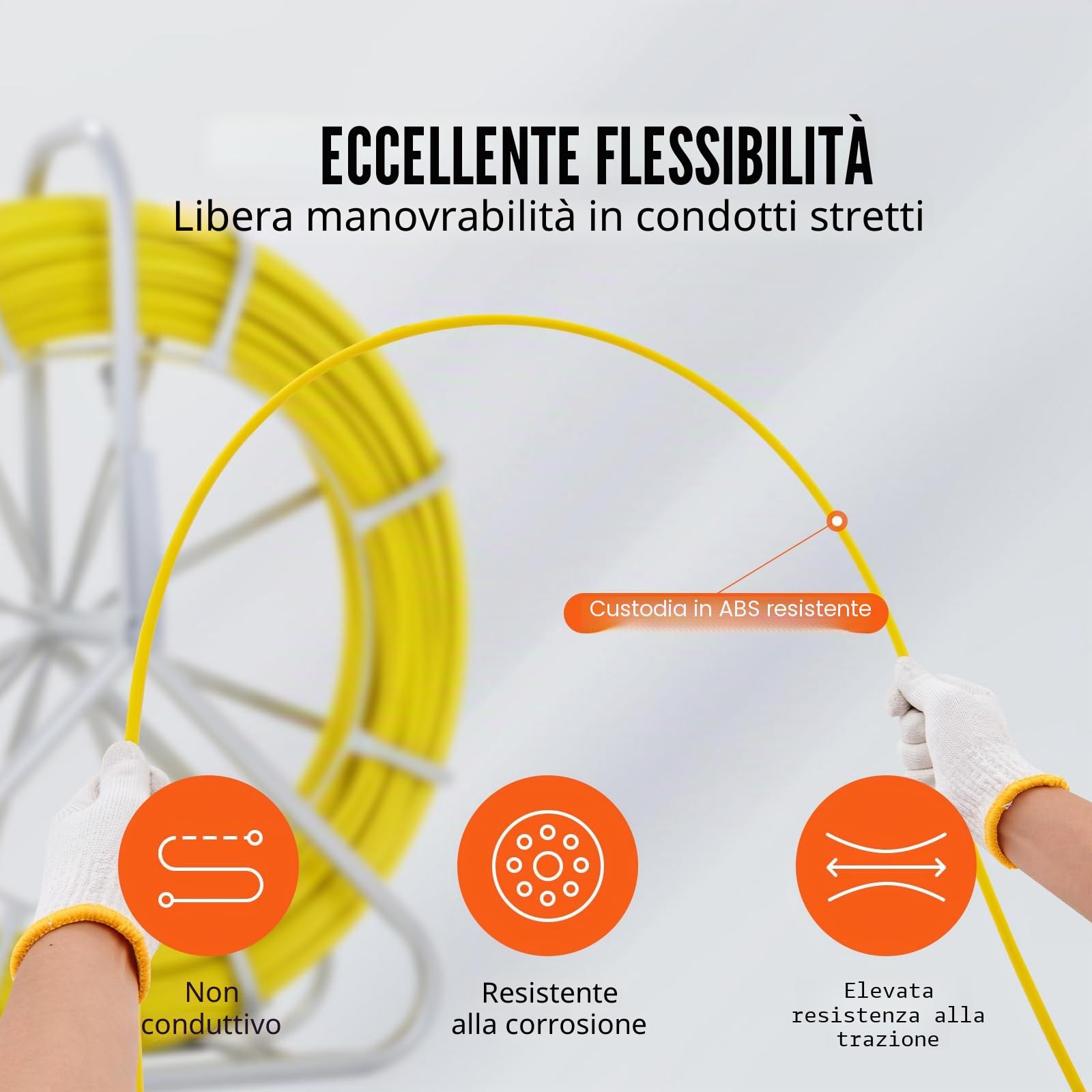 VEVOR Sonda Passacavi in Fibra di Vetro 7,9mm x 150m con Supporto in Metallo Estrattore a Nastro per Cavo Elettrico con 2 Teste di Trazione Strumento di Installazione del Cavo Elettrico in Fiberglass