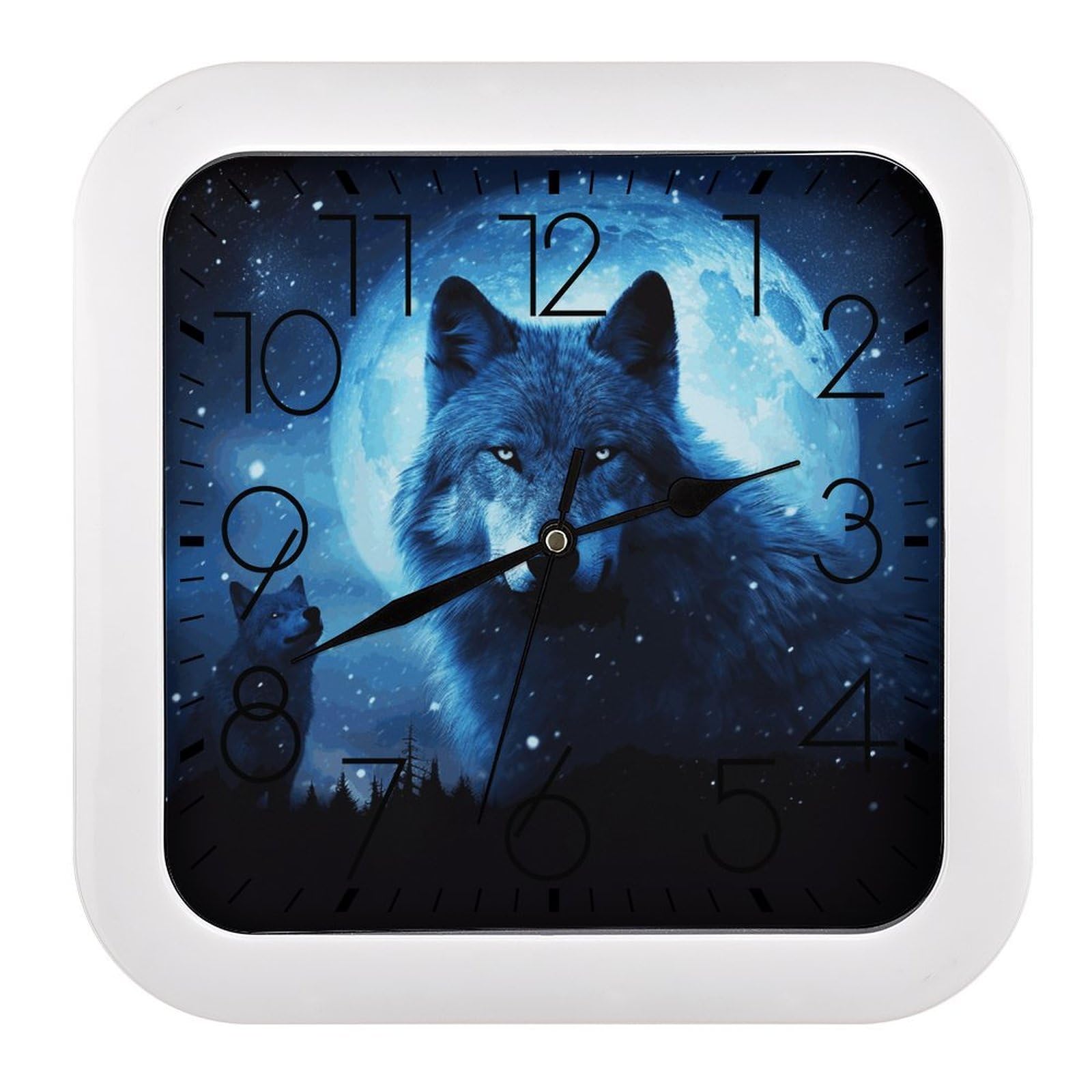 MUSM 10.2 X 10.2 Inch Modern Wolfs Wall Clock Battery Operated High Accuracy Decorative Square Clocks for Kitchen Bedroom Living Room Home Office Porch