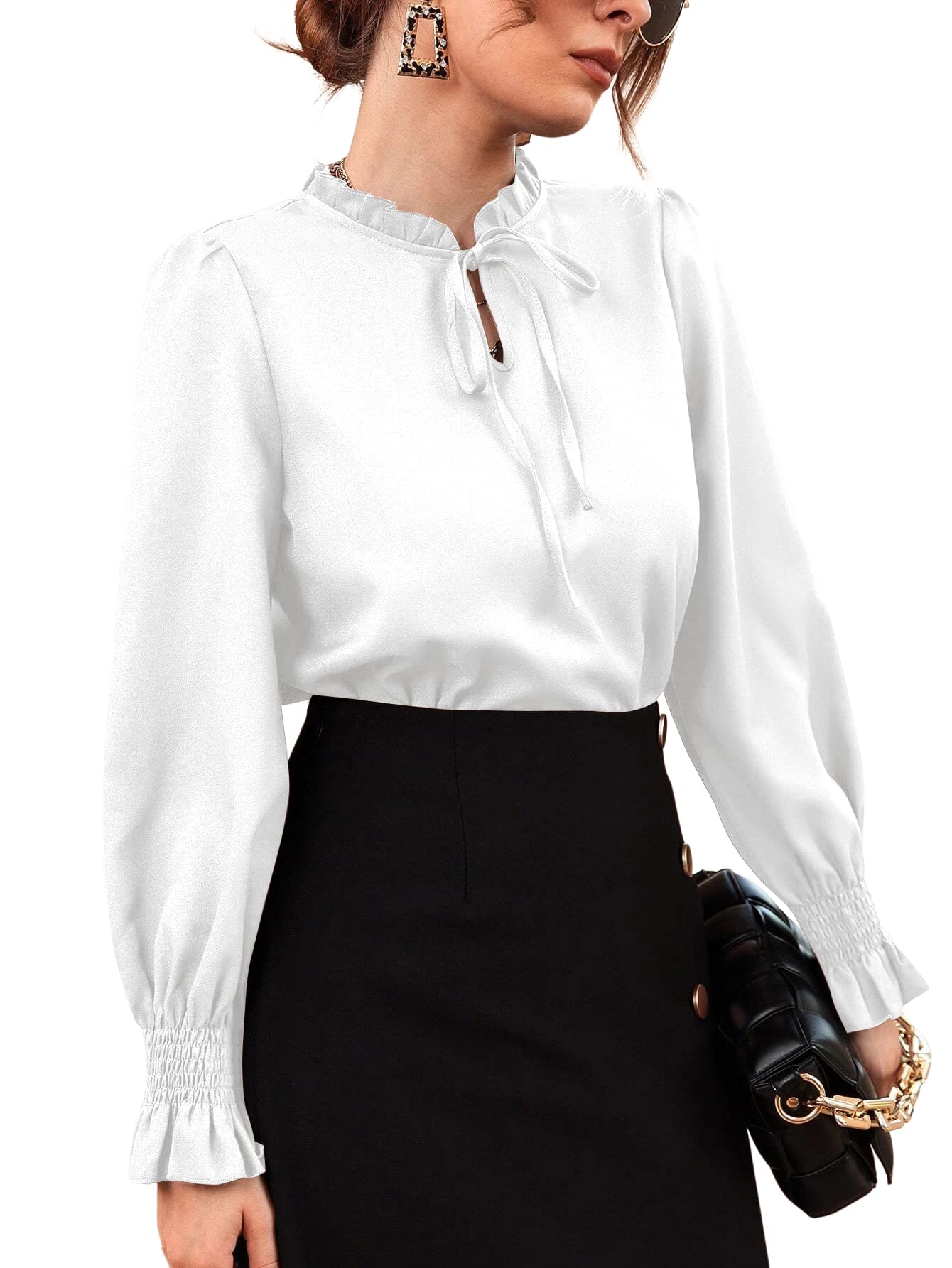 RooscierWomen's Frill Mock Neck Self Tie Shirred Ruffle Long Sleeve Elegant Blouse