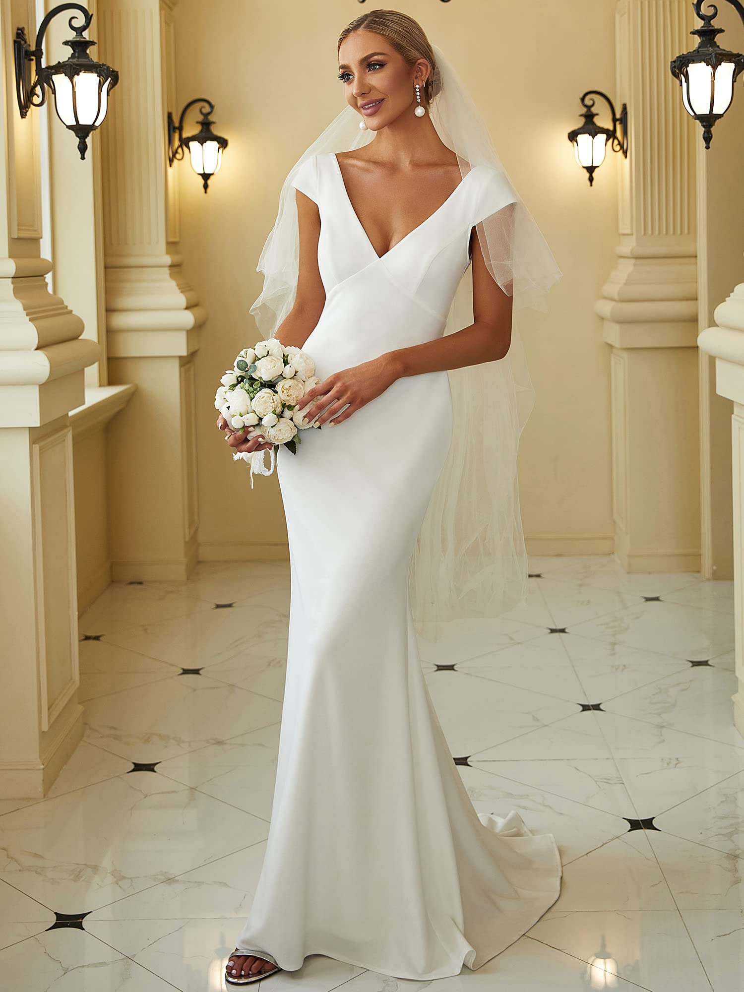 Ever-Pretty Robe de Soirée Longue pour Mariage Femme Sirène Col V Manches Courtes Chic EH0171A