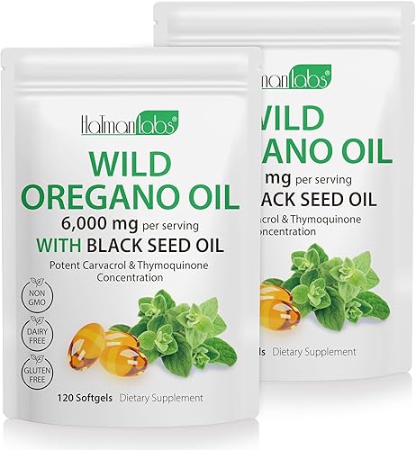 Cápsulas de aceite de orégano - 2 en 1 6000 mg de aceite de orégano con aceite de semilla negra de 200 mg - Cápsulas de suplemento de aceite de