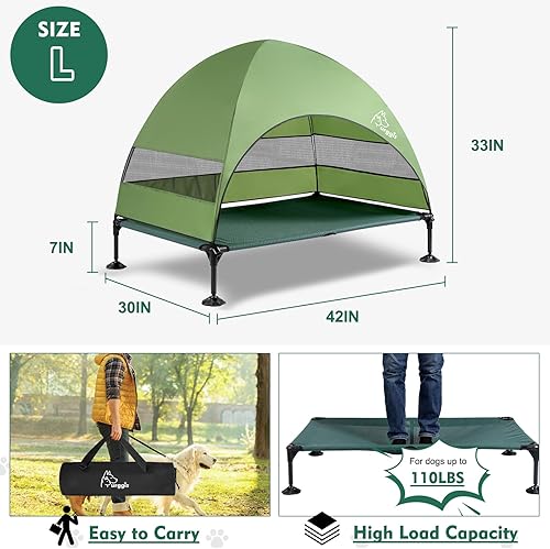 Miniatura 6 de Cama elevada mejorada para perros con toldo, cama elevada portátil para perros al aire libre con pies antideslizantes estables, sombra más ancha