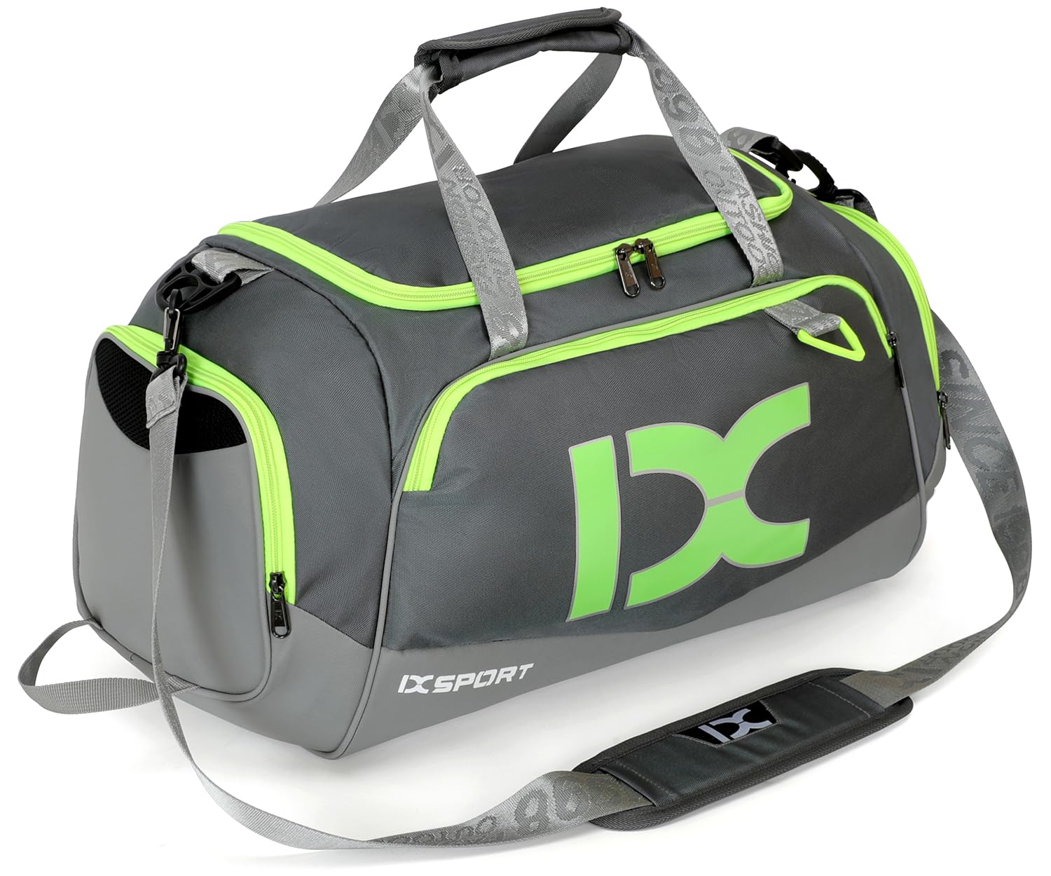 INOXTO Large Foldable Sports Gym Bag with Wet and Dry Pockets and Shoe Compartment for Men and Women, Weekend Overnight Camping Travel Duffel Bag (Gray with Fluorescent Green, Standard)