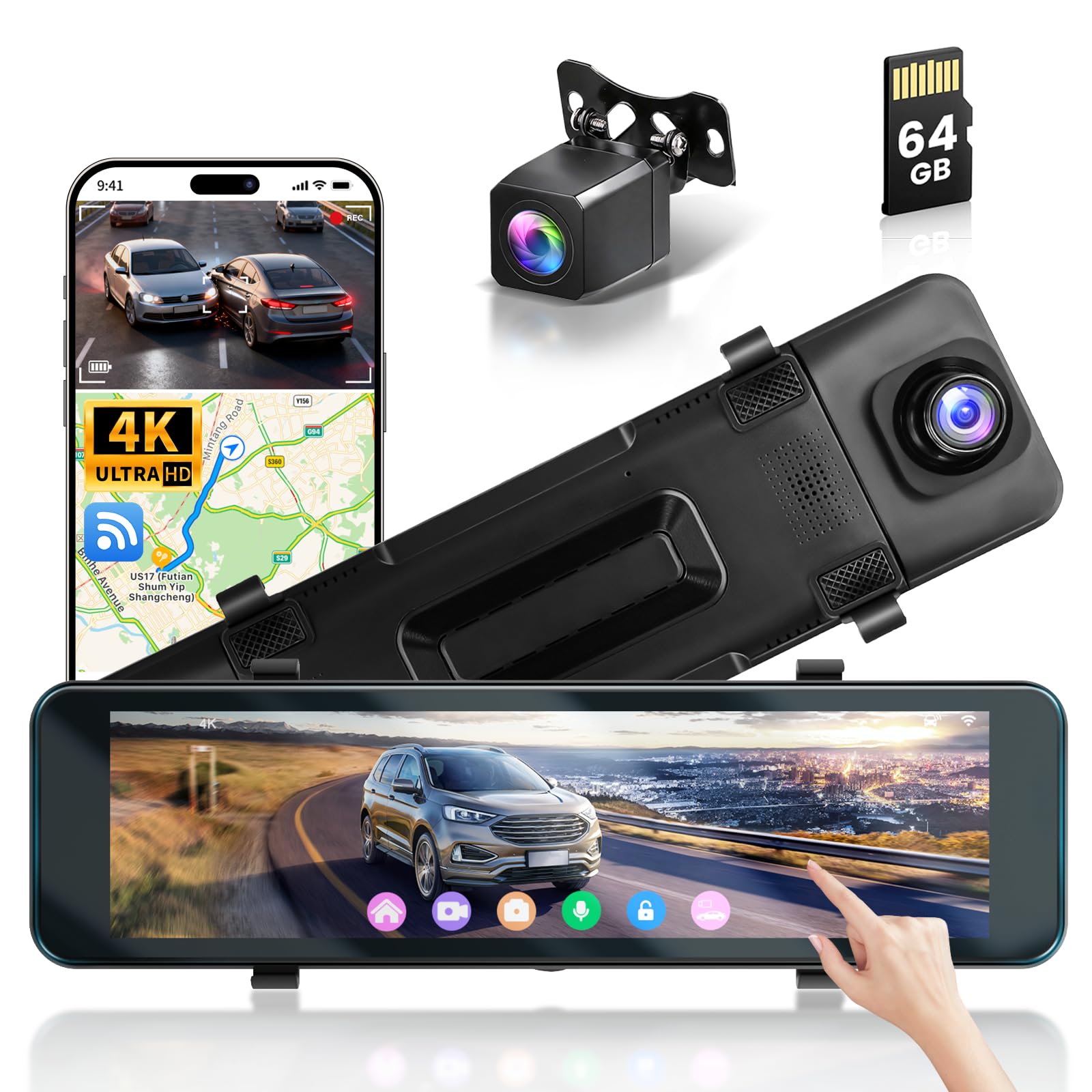 Hikity Dash Cam Rétroviseur 4K Avant 1080P Arrière Écran 10,1"