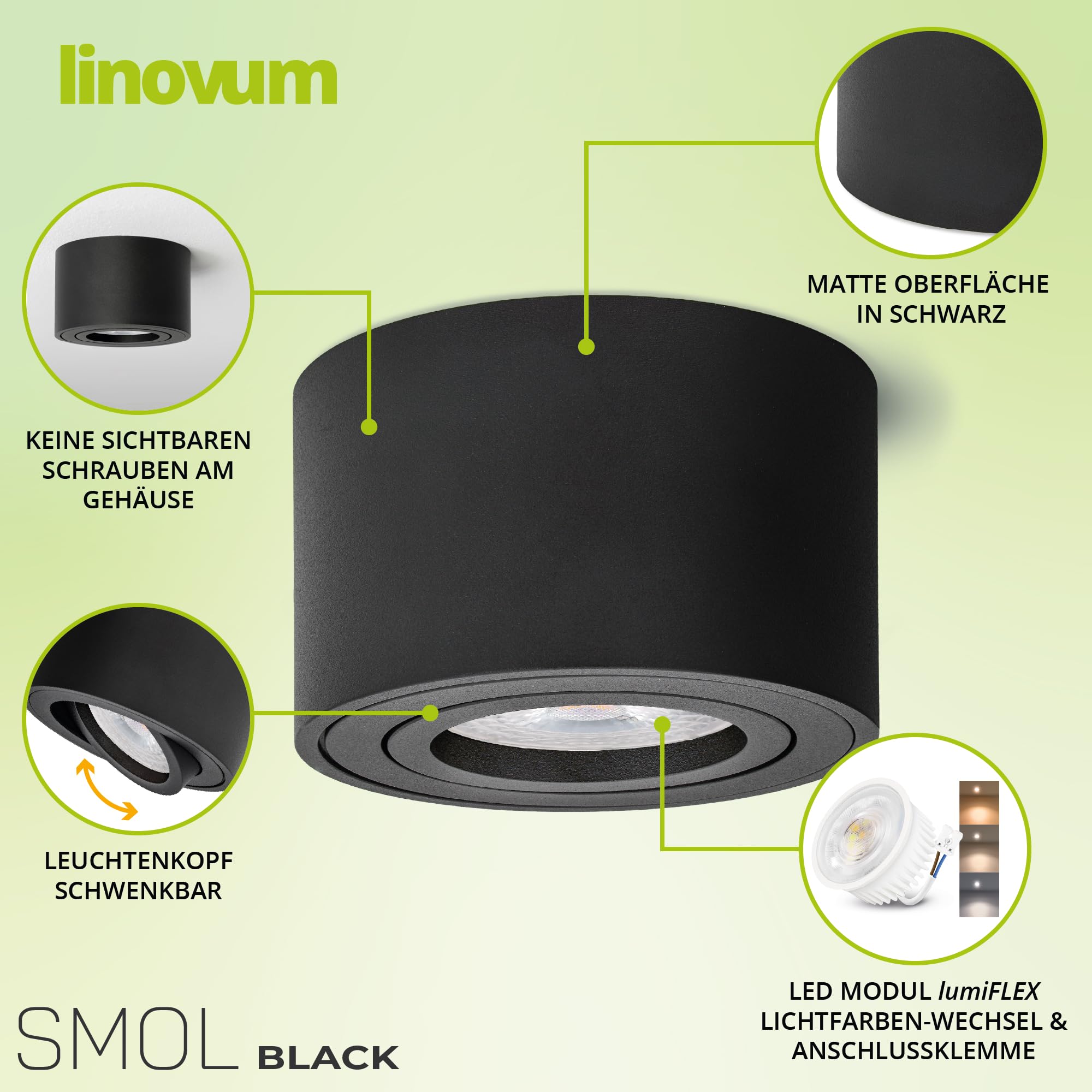 linovum SMOL Aufbauspot schwarz flach schwenkbar 4W 3 Lichtfarben LED