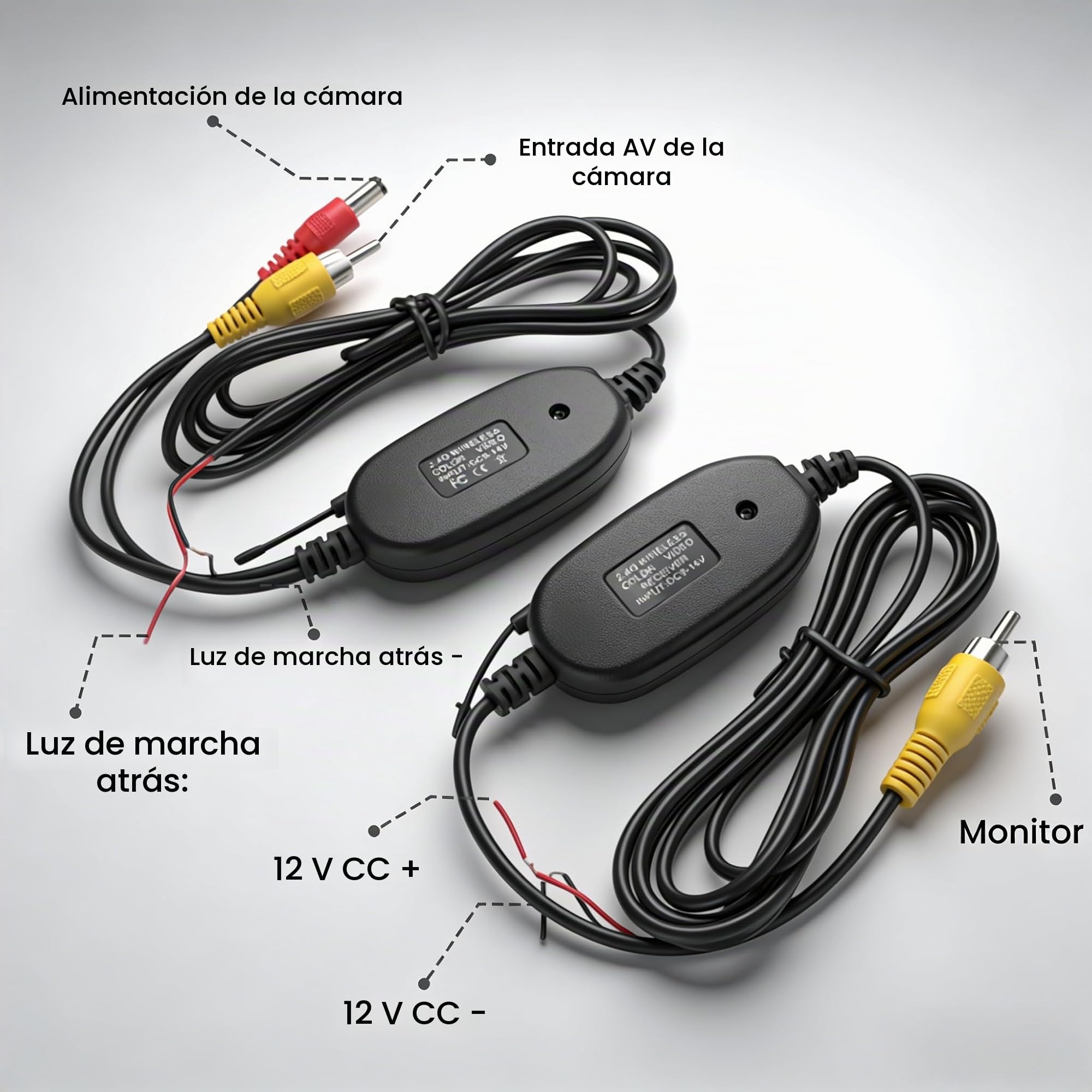 2.4GHz Inalámbrico Vídeo RCA Transmisor y Receptor Kit para Cámara de Visión Trasera, Adaptador Video Receptor Inalámbrico para Cámara de Respaldo de Coche