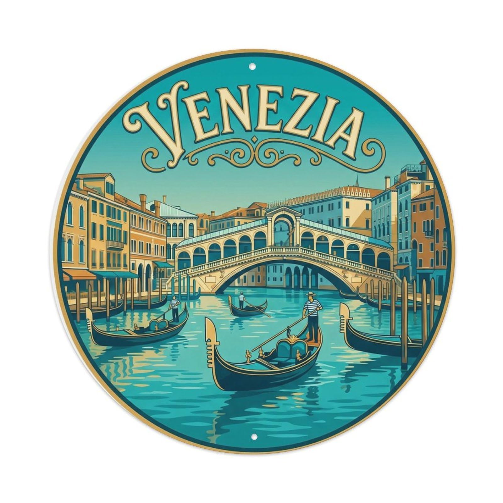 Vintage Travel Venice Gondola Canal Metal Tin Sign Plaque Wall Decor for Cafe, Club Bar, Office, Home Garden Round Metal Poster 8x8Inch