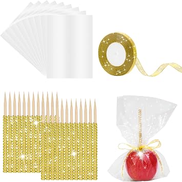 Coldairsoap Gold Candy Apple Sticks, 24P Bling Sticks with 30p Candy Bags & 1 Roll 25yd Glitter Ribbon, Caramel Apple Bling Pointed Skewers for Christmas/Party