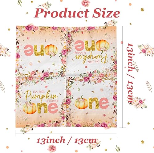 Miniatura 4 de Decoraciones de primer cumpleaños de calabaza pequeña, 40 servilletas desechables de calabaza de otoño para el primer cumpleaños, suministros de