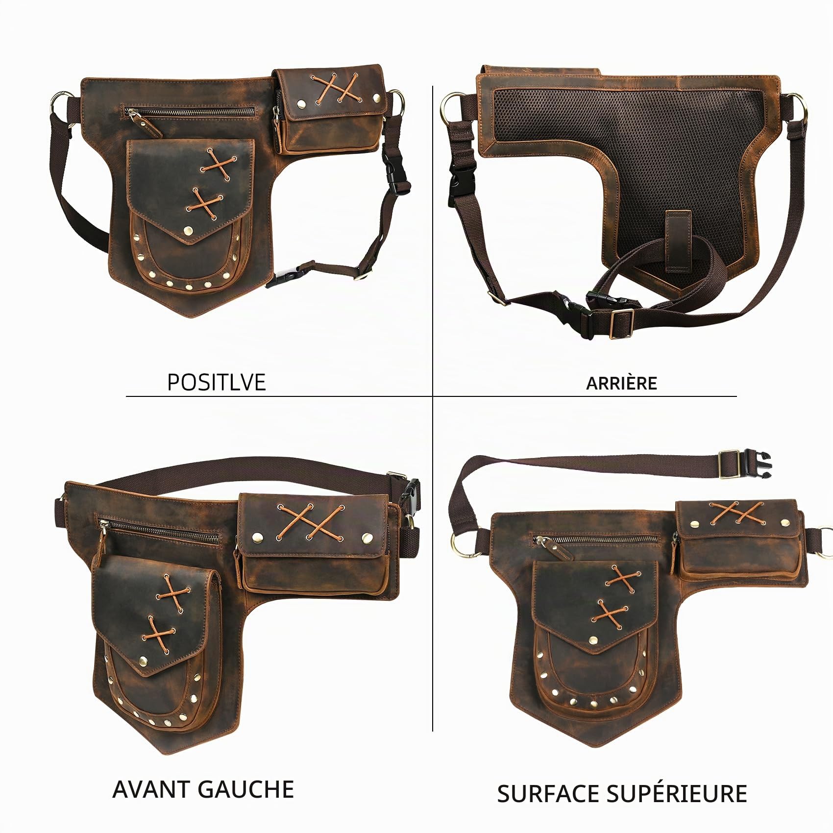 Toile Imperméable + Cuir Véritable Moto Fanny Sac de Taille Waist Bag Cuisses Sacs pour Les Jambes pour Hommes Femmes FB211-8 (100% Cuir véritable - a - Marron)