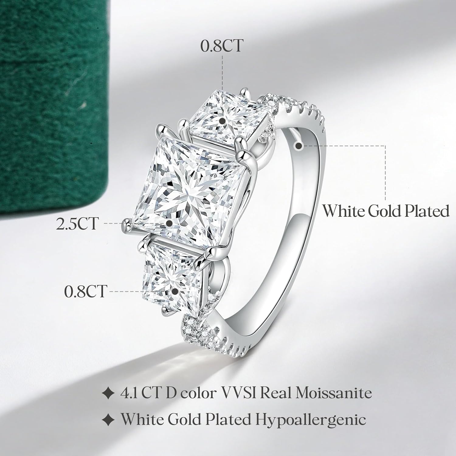Moissanite Engagement Ring 3 Stone 5CT/4.1CT Color VVS1 Round/Princess Cut Anniversary Wedding Promise Ring for Women Size 5-9 - Image 3