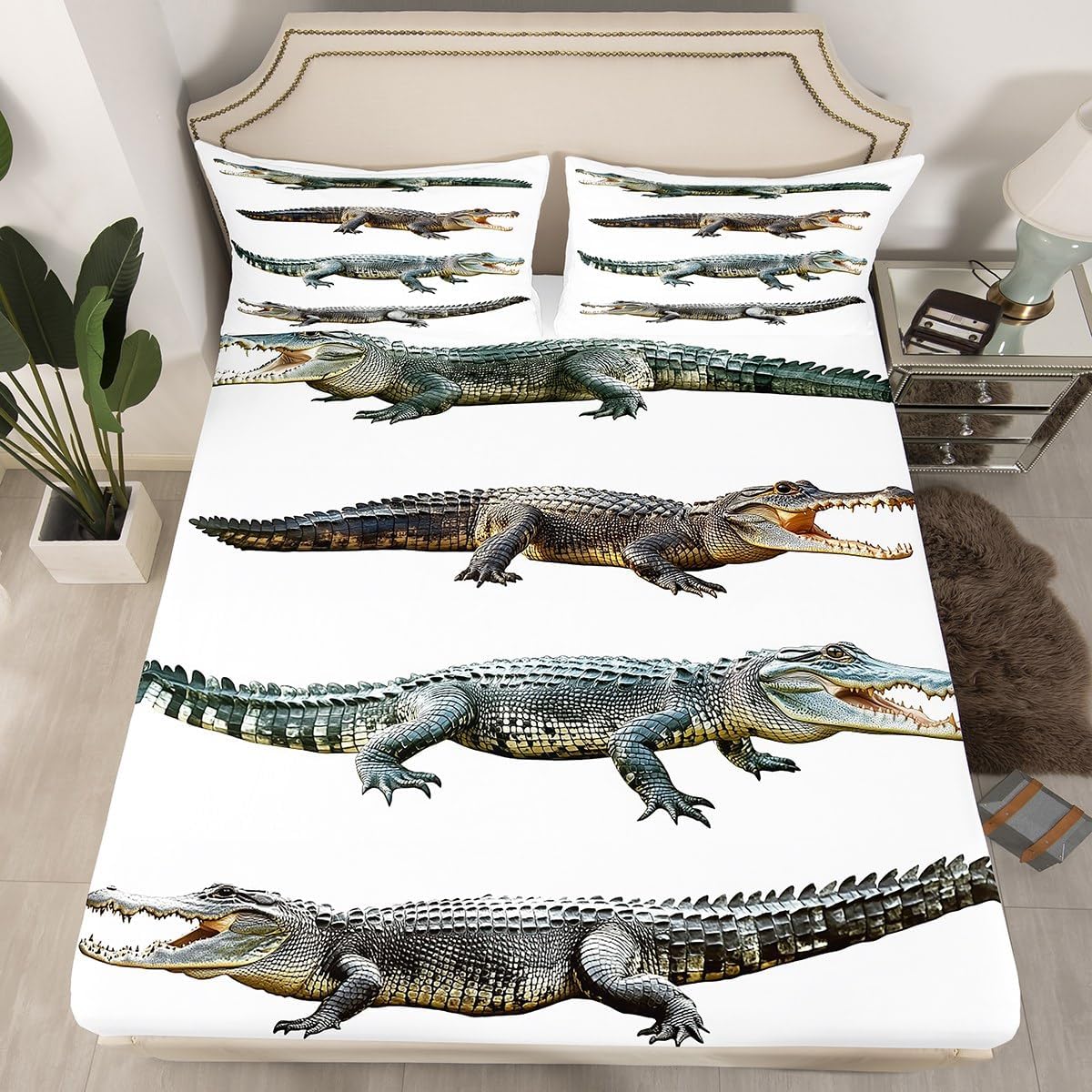 Erosebridal Teens Crocodile Bedding Set, Alligator Pattern Fitted Sheet for Kids Boys Girls Teens Wildlife Animal Sheet Set Queen Size Exotic Top Sheet 3 Pcs with 2 Pillow Cases