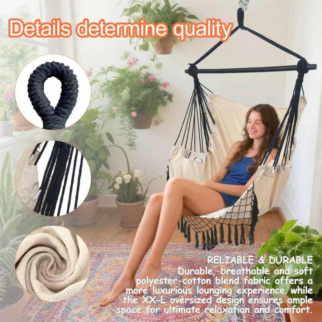 Hammock Chair Hanging Rope Swing Chair,Max 450 Lbs, Large Hanging Chair with Pocket, 2 Cushions, Removable Steel Bar, Hardware Kit Included, Sturdy and Comfortable for Indoor Outdoor (Beige)