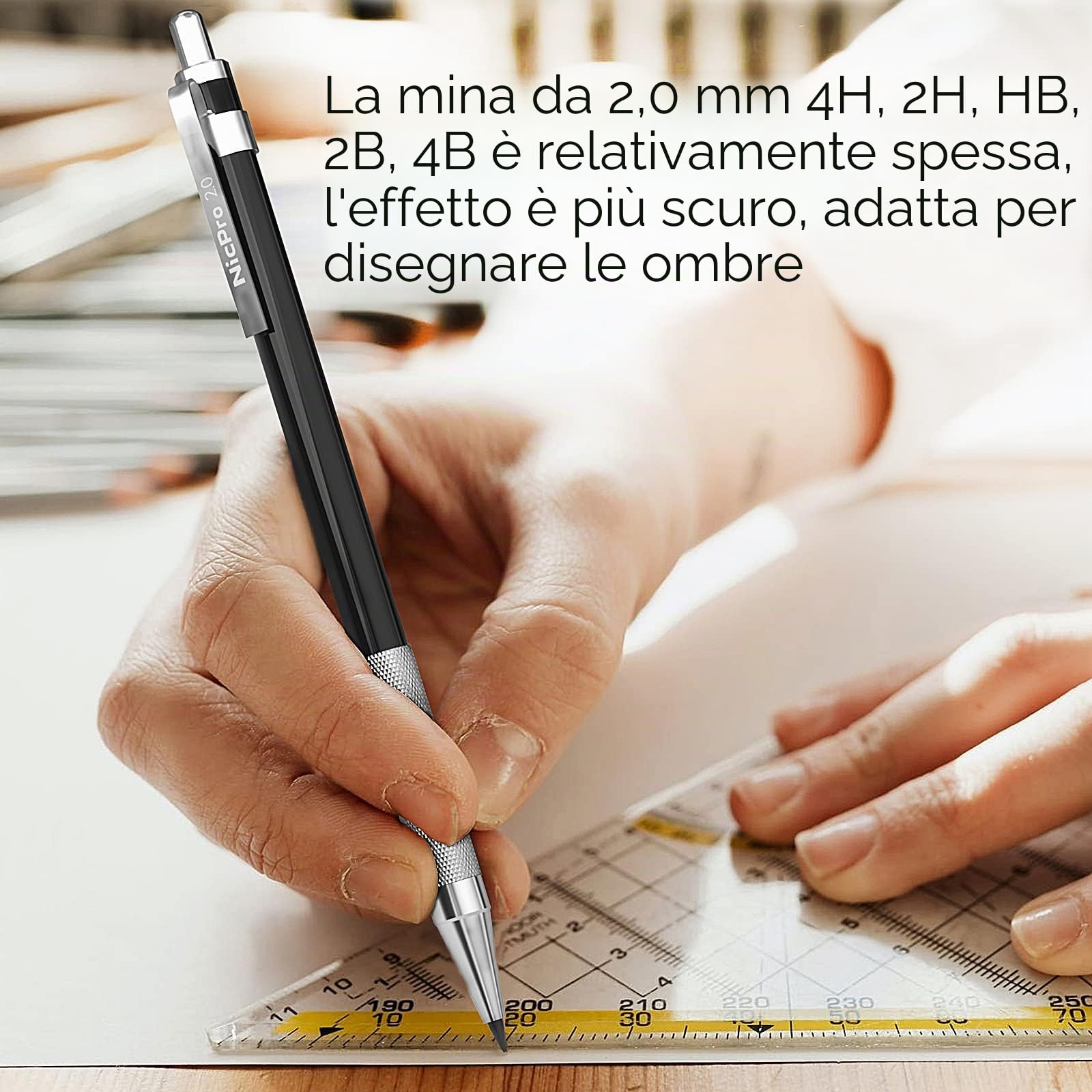 Nicpro 5 Pezzi 2mm Metallo Matite Meccaniche con Pelle Astuccio, Art Portamine Falegname Set con Grafite Mine Nero & Colore (4B 4B 2B HB 2H) Gomma Temperamatite per Artista Disegno Scrittura Schizzi
