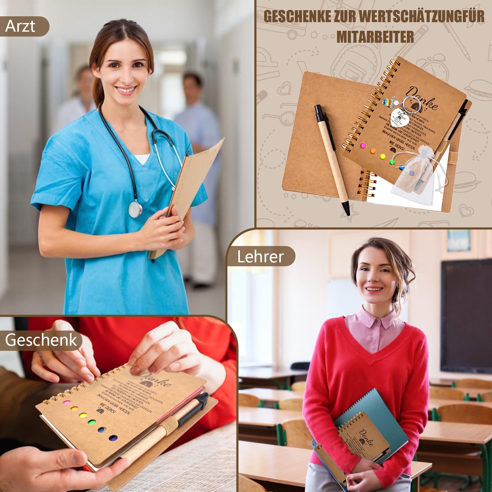 6er-Pack Abschiedsgeschenk Erzieherin, Inklusive Notizblöcke, Schlüsselanhänger, Organzabeutel, Dankeschön Geschenk für Erzieherin Lehrerin Lehrer, Abschied Geschenk, Kita Kindergarten Grundschule