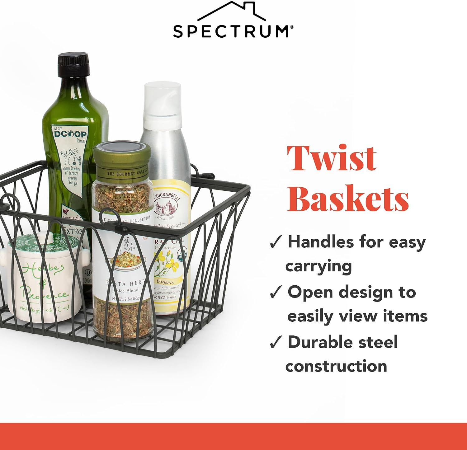 Spectrum Small Wire Basket with Handles Industrial Gray Farmhouse Basket Organizer for Kitchen Bathroom Laundry Pantry Shelf Organization, Twist Wire Metal Basket with Handle for Gifts or Storage image 5