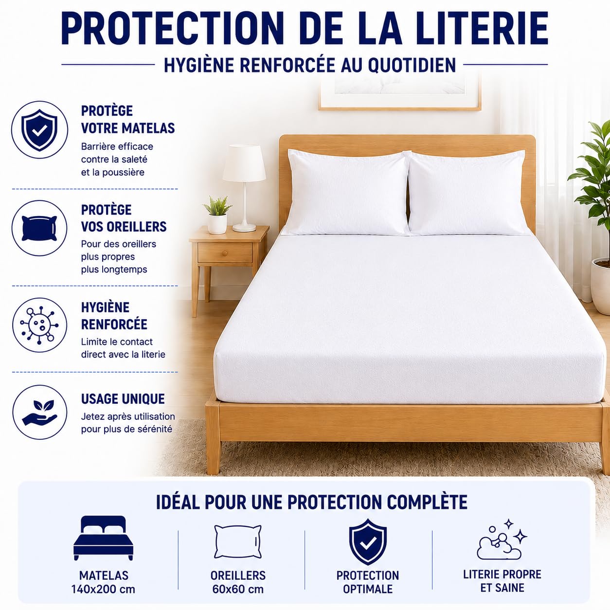 Kit Literie Jetable – 5 Housses Matelas 140x200 cm + 10 Taies Oreiller 60x60 cm – Non Imperméable - Hygiène Literie - Housse Matelas à Usage Unique - Protection Matelas