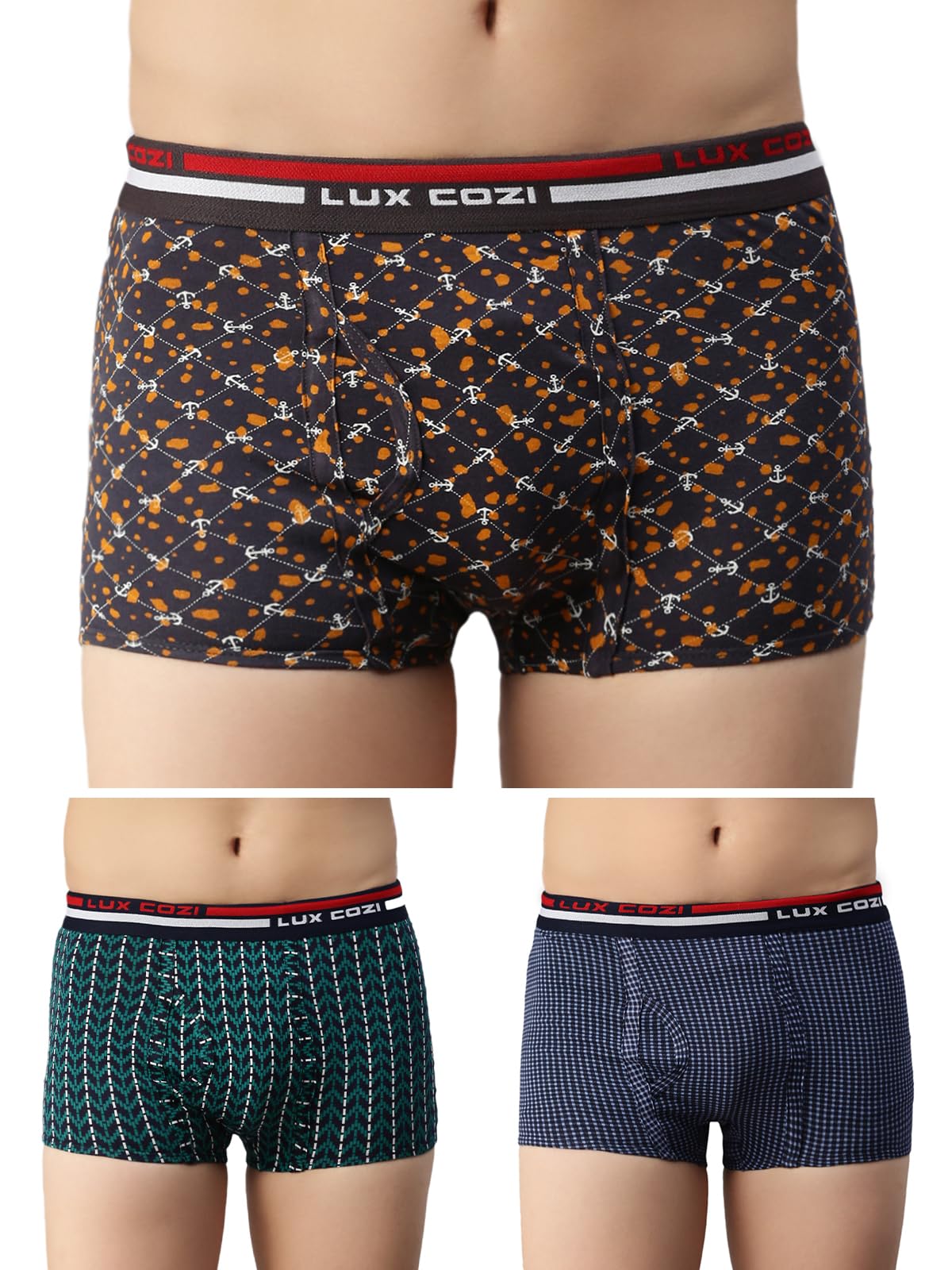 Pack of 3 Men's Assorted Outer Elastic Semi Long Printed Trunk (Size : 90cm)-image-47