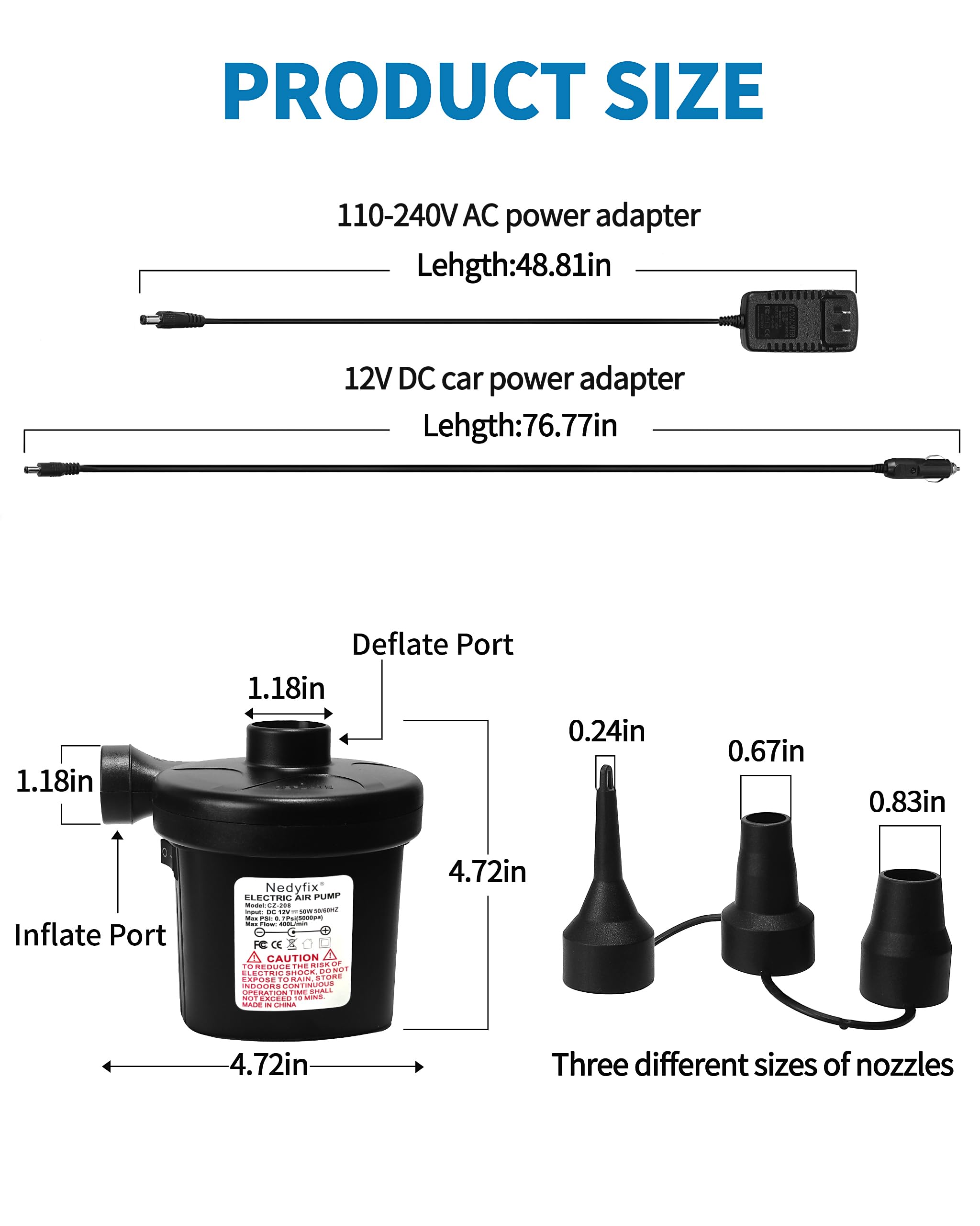 Bomba de aire eléctrica inflable, 110 V CA/12 V CC, bomba de inflado rápido portátil con 3 boquillas, utilizada para barcos inflables, etc