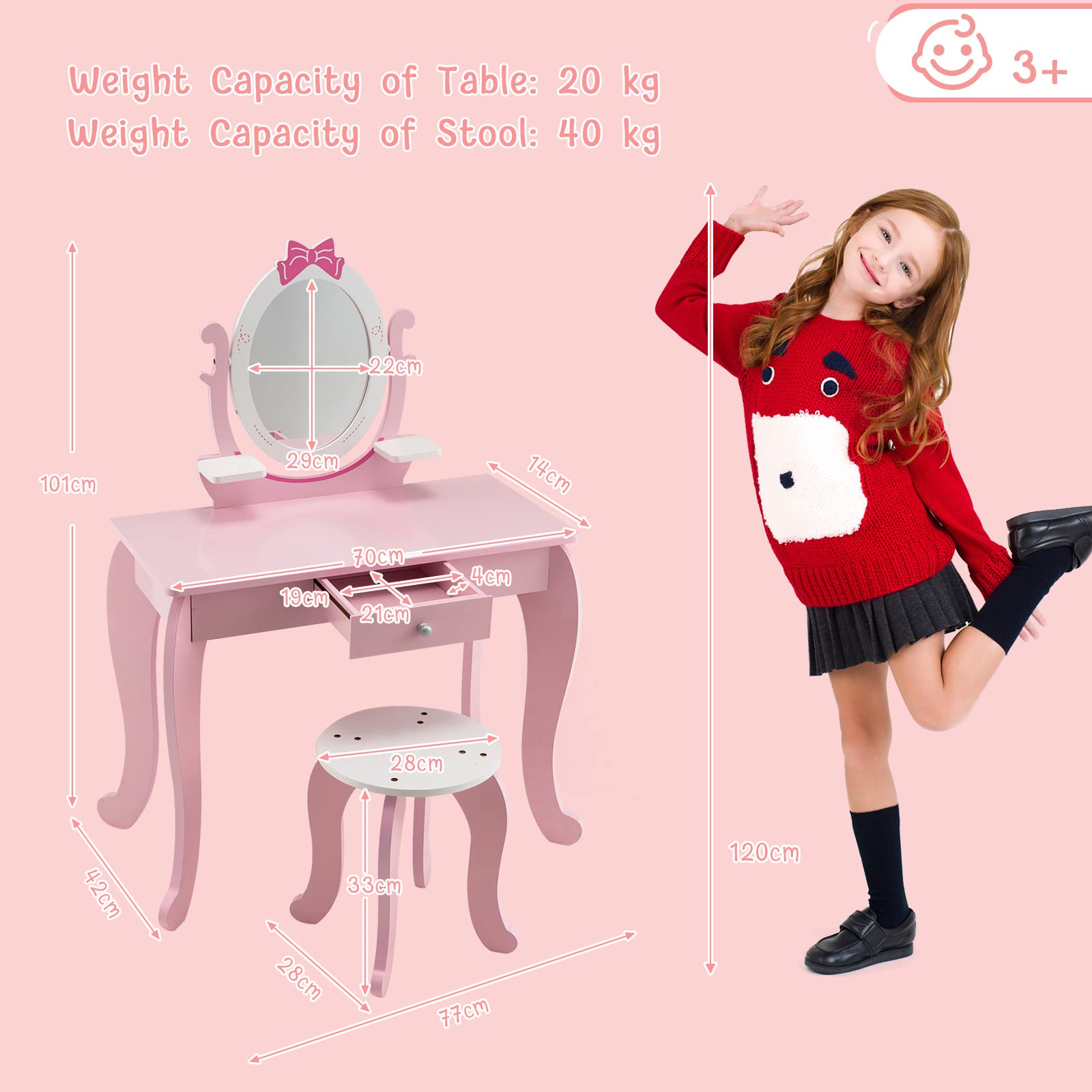 RELAX4LIFE 2 in 1 Toeletta Trucco Bambina con Specchio e Sgabello, Set Tavolo da Trucco con Specchio Rimovibile, Centro di Bellezza, Giocattolo da Trucco per Bambini dai 3 ai 7 Anni