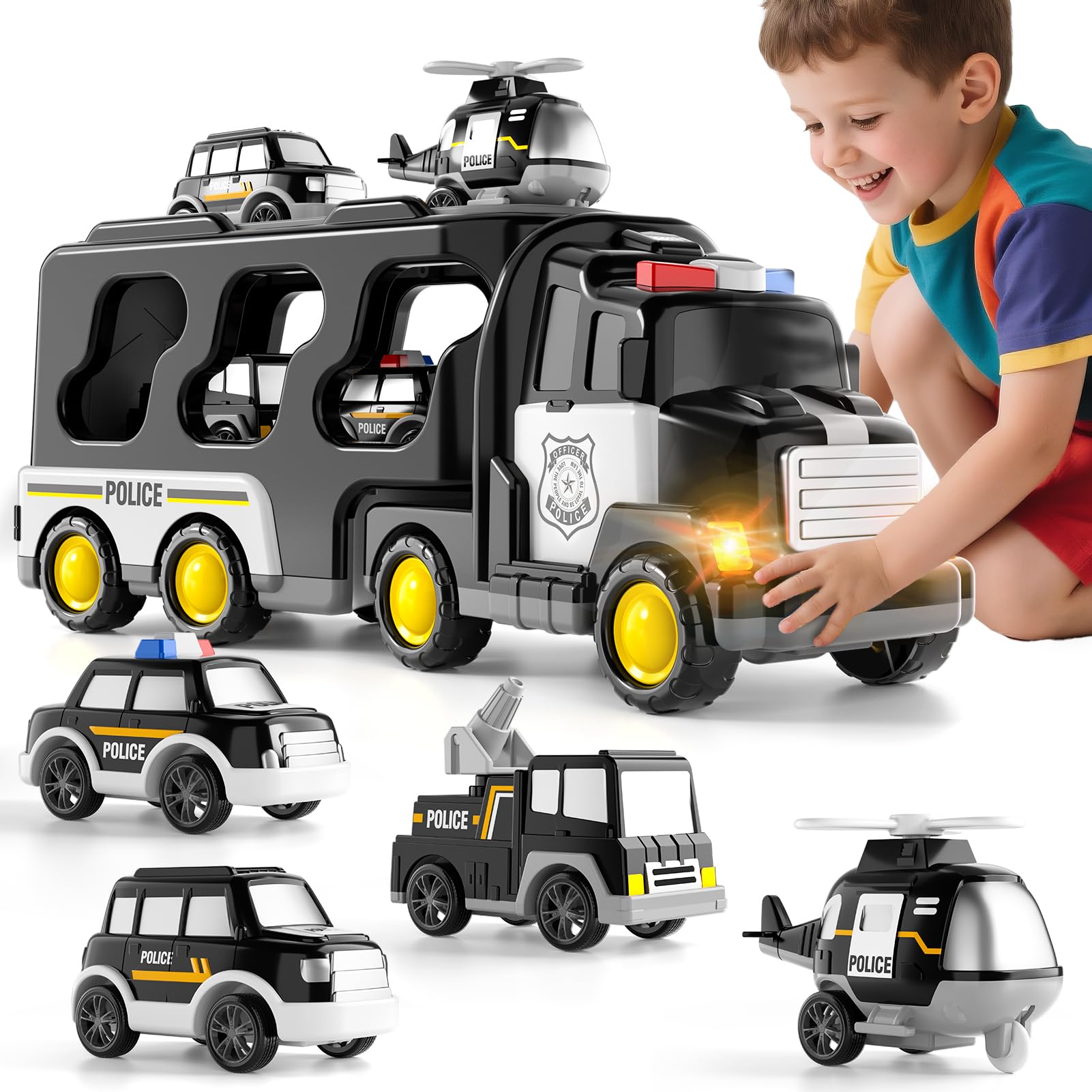 Polizei LKW Jungen Spielzeug für 3 4 5 Jahre alte Kleinkinder, Transport Fahrzeug Träger, Spielzeug Sets Kinder 3-6, Geschenk für Jungen & Mädchen im Alter von 4-6 5-7