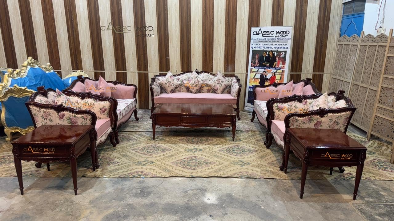 9 Seater Victorian Style Teak Wood Sofa Set 3+2+2+1+1 with Side Tables | Handcrafted Wooden Living Room Furniture | Pink Floral Upholstery & Walnut Finish | Elegant Royal Sofa Set-image-31