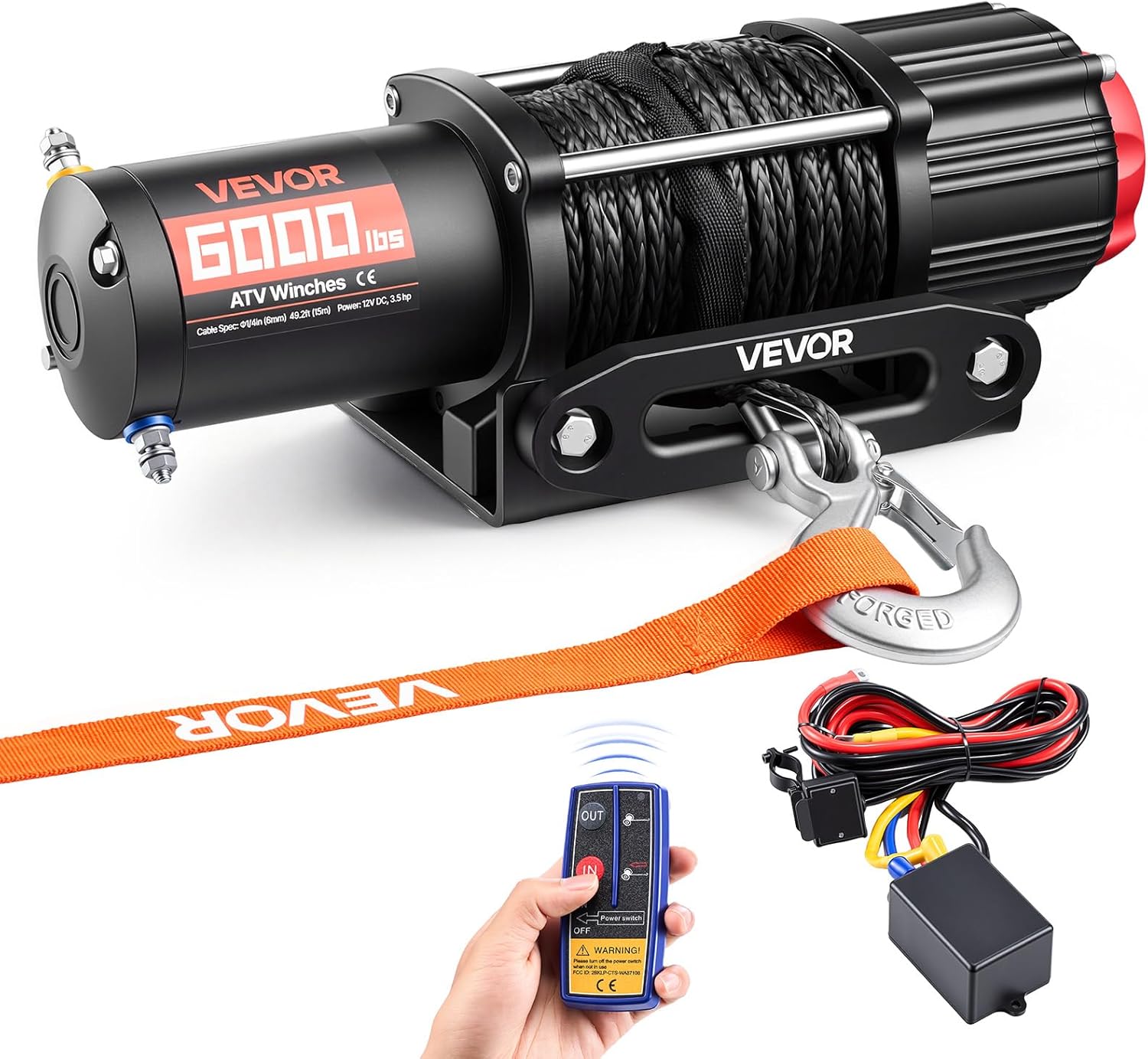 VEVOR 6000 lbs Electric Winch, 12V DC ATV/UTV Winch with Φ0.24 in x 49.2 ft Synthetic Rope, Wireless & Wired Remote Control, IP55 Waterproof, with Fairlead Mount Plate for Towing ATV UTV Off-Road