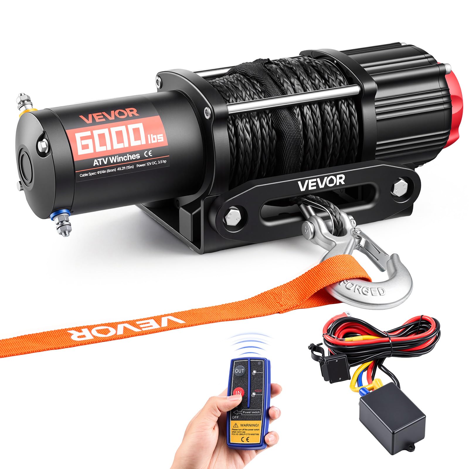 VEVOR Verricello Elettrico con Cavo Metallico da 2721 kg, Verricello Elettrico da 12 V CC per ATV/UTV Fuoristrada con Fune Sintetica Ø 6 mm x 15 m, Telecomando Wireless e Cablato, Impermeabile IP55