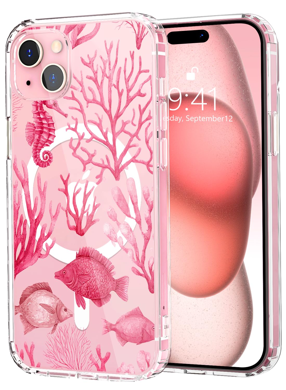 CozyNestCYMagnetic Cute Pink Seahorse Case for iPhone 11 Lovely Coral Clear Phone Cover Compatible with Magsafe Wireless Slim Sea Print Phone Shell