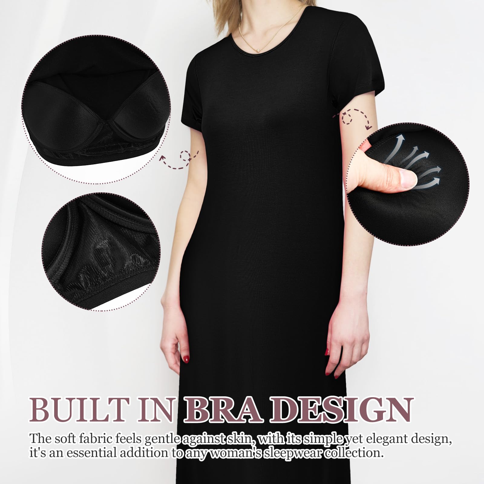 Garneck Camisón de Mujer de Manga Corta, Cuello Redondo, Holgado | Fibra Sintética Transpirable, Negro, Cómodo para Casa y Descanso, Talla Grande