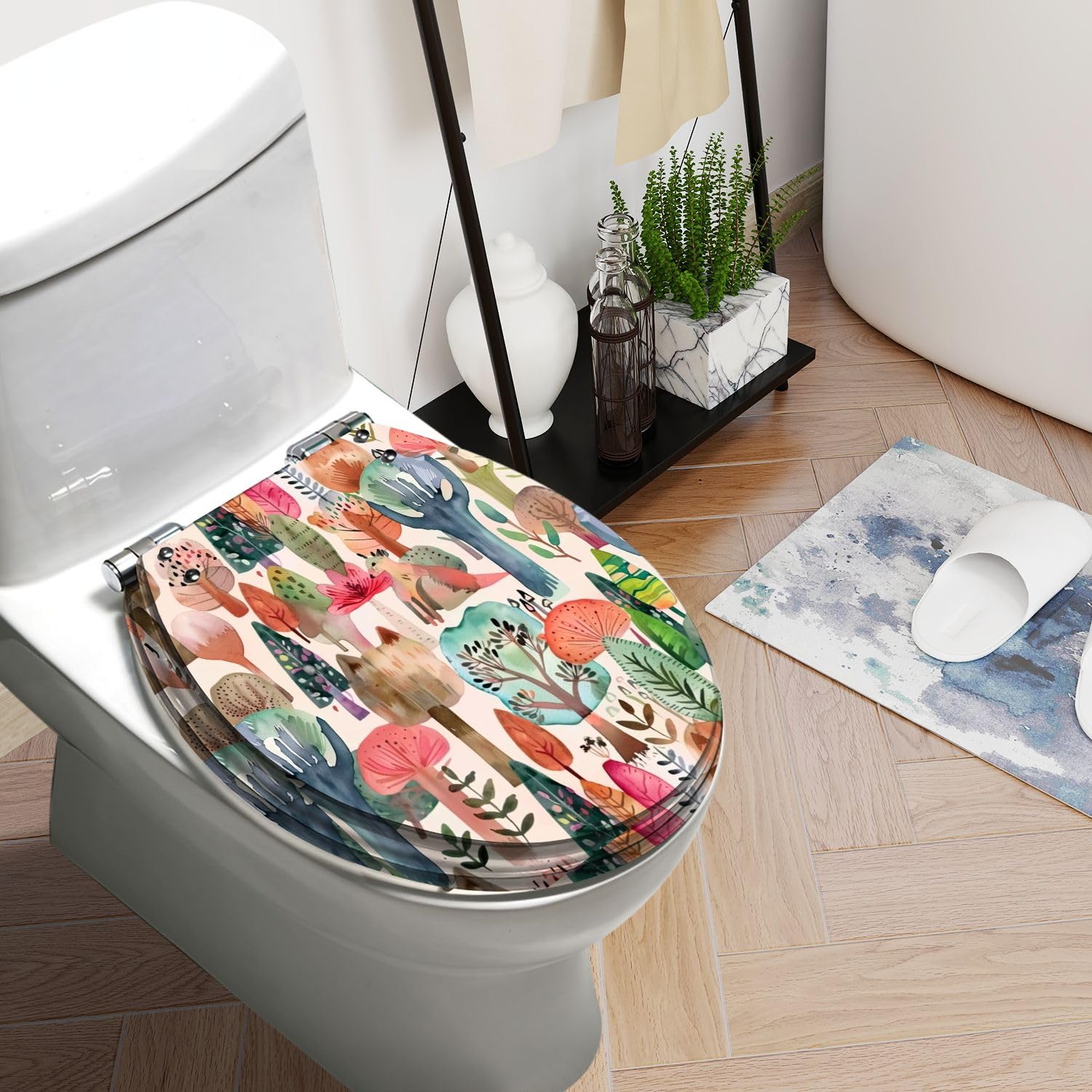 Round Toilet Seat Watercolor forest Cute seamless pattern autumn forest Creative Resin Toilet Seat Slow Quiet Close with Quick-Release Hinges Toilet Seat with Cover Easy to Clean Install