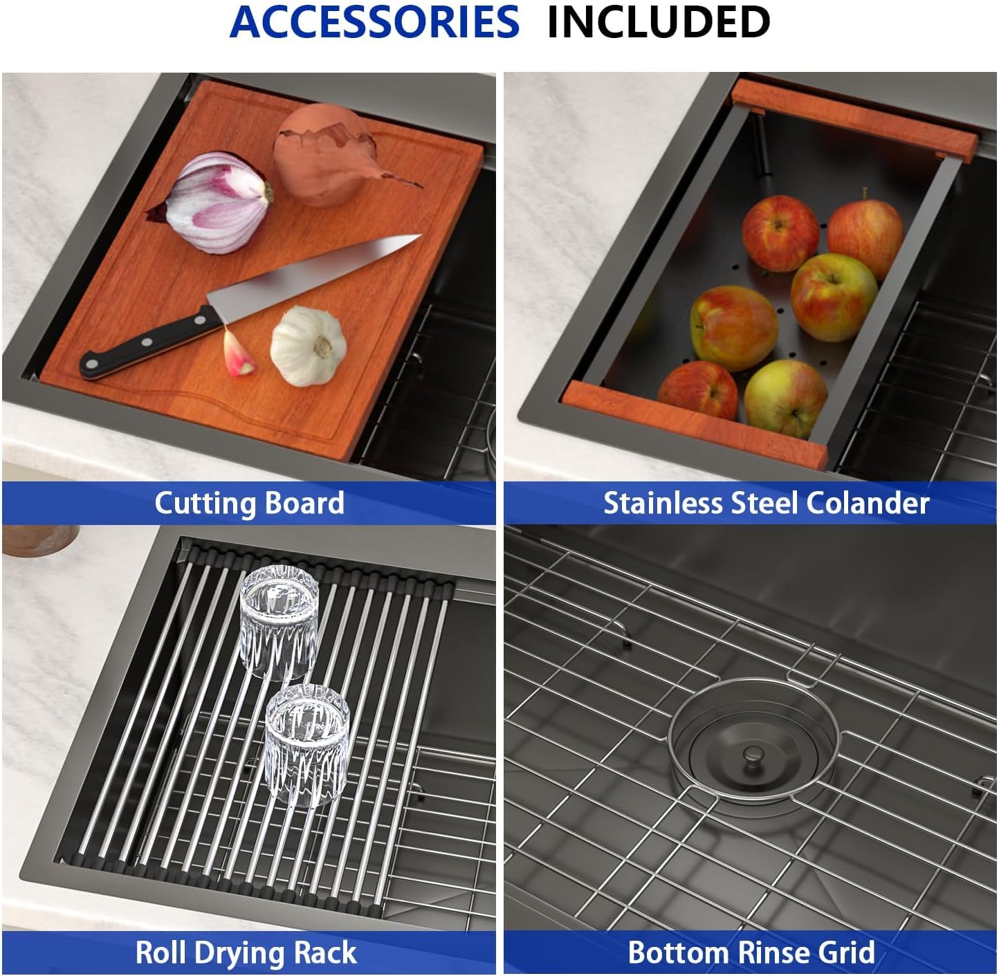 Dcolora 28 Inch Black Kitchen Sink Drop In, Nano-PVD Black Stainless Steel Workstation Sink Single Bowl Topmount with Accessories All-In-One, #DC-T8862 28"x22"x10"